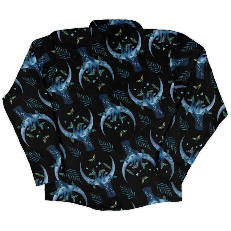 Hand on the Moon Moth Long Sleeve Button Up Shirt Geek Nerd adult sizing Design by Episodic FLOW DESC WRITING