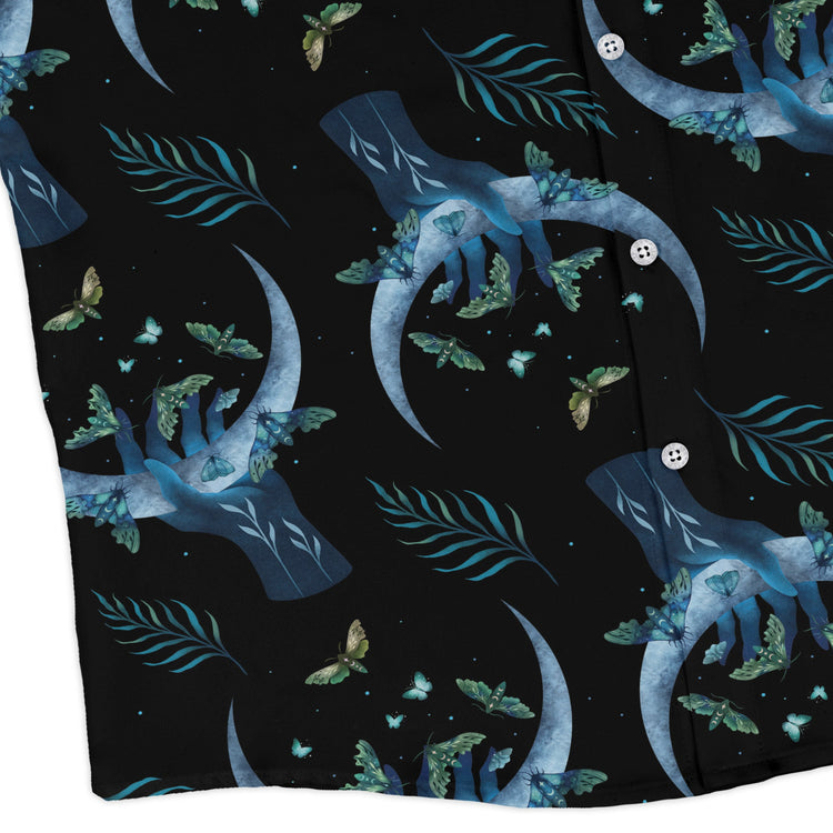 Hand on the Moon Moth Long Sleeve Button Up Shirt Geek Nerd adult sizing Design by Episodic FLOW DESC WRITING