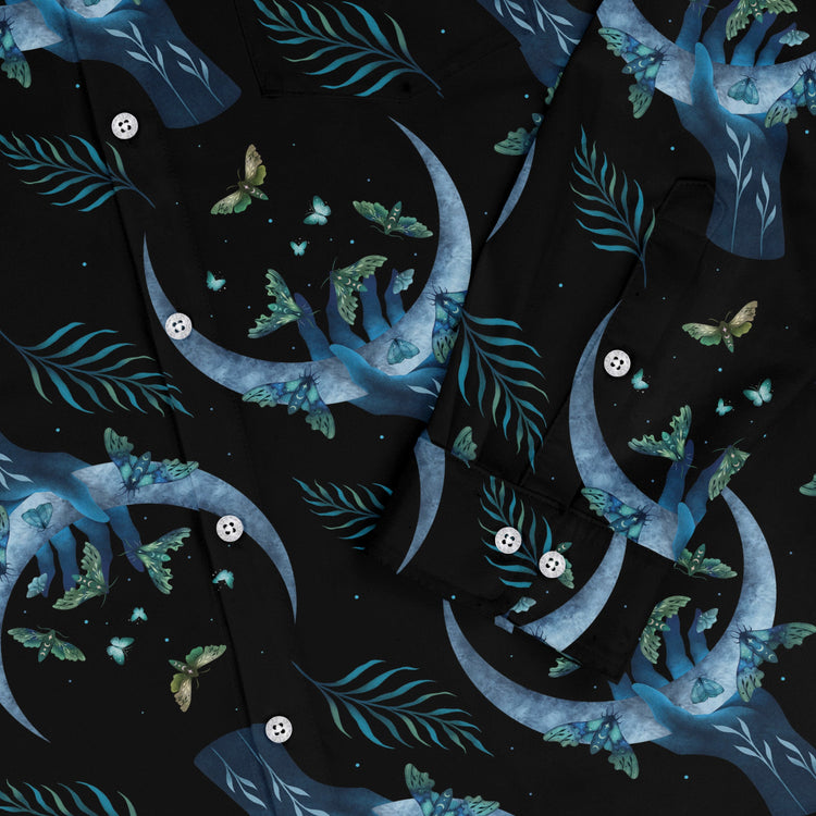 Hand on the Moon Moth Long Sleeve Button Up Shirt Geek Nerd adult sizing Design by Episodic FLOW DESC WRITING