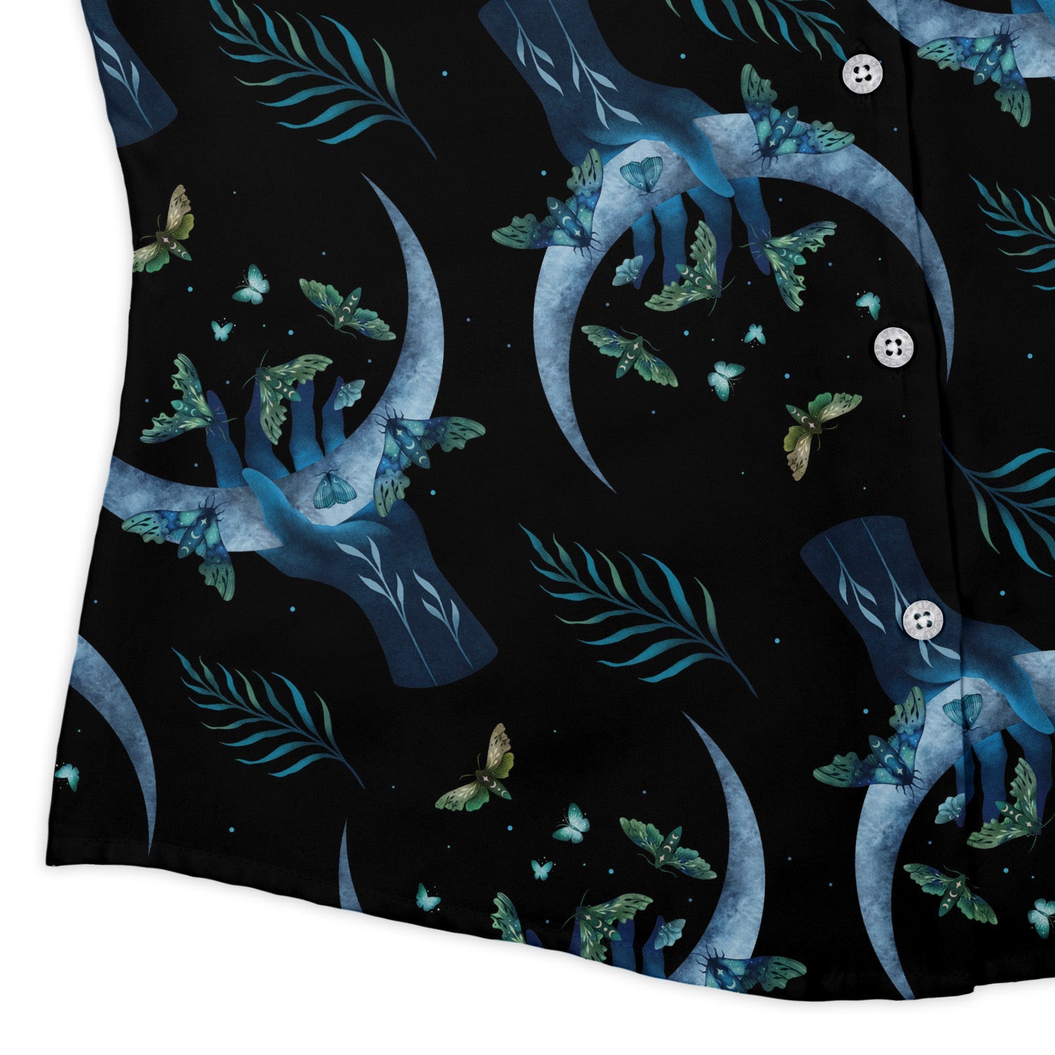 Hand on the Moon Moth Curvy Button Up Shirt Geek Nerd Design by Episodic outer space & astronaut print q4