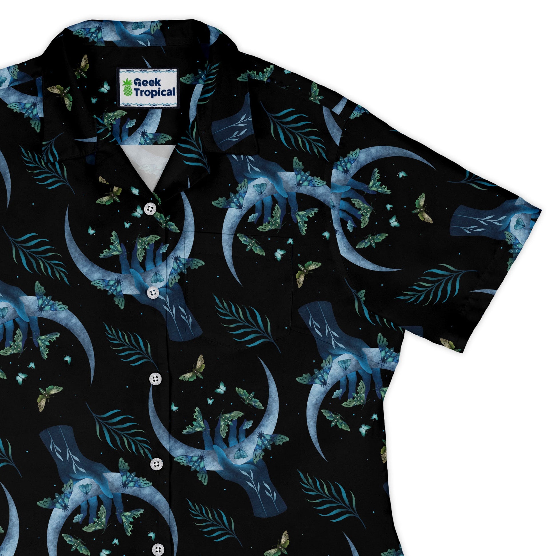 Hand on the Moon Moth Curvy Button Up Shirt Geek Nerd Design by Episodic outer space & astronaut print q4