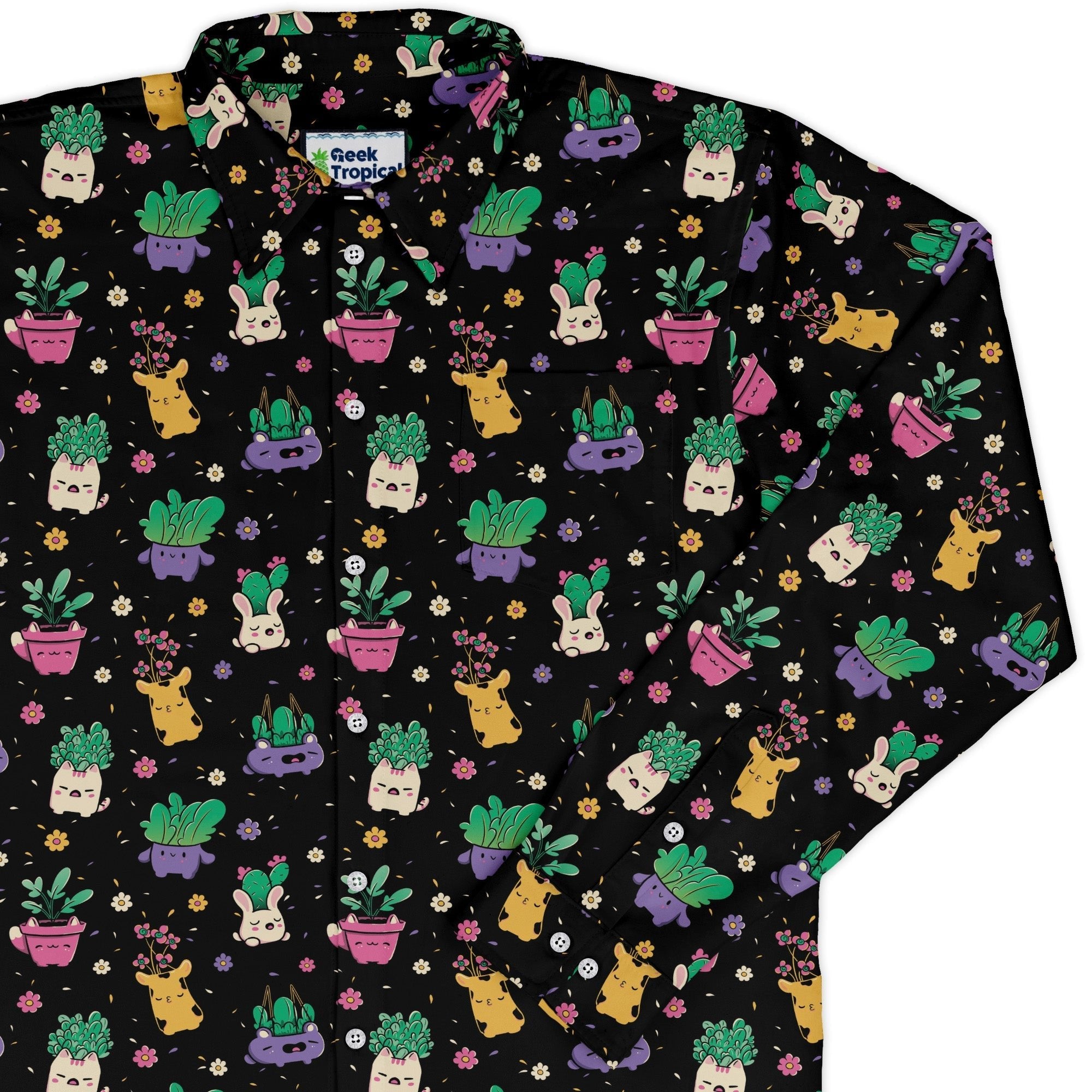 Happy Kawaii Plants Long Sleeve Button Up Shirt Geek Nerd 0925 adult sizing All Adult Button Up Shirts