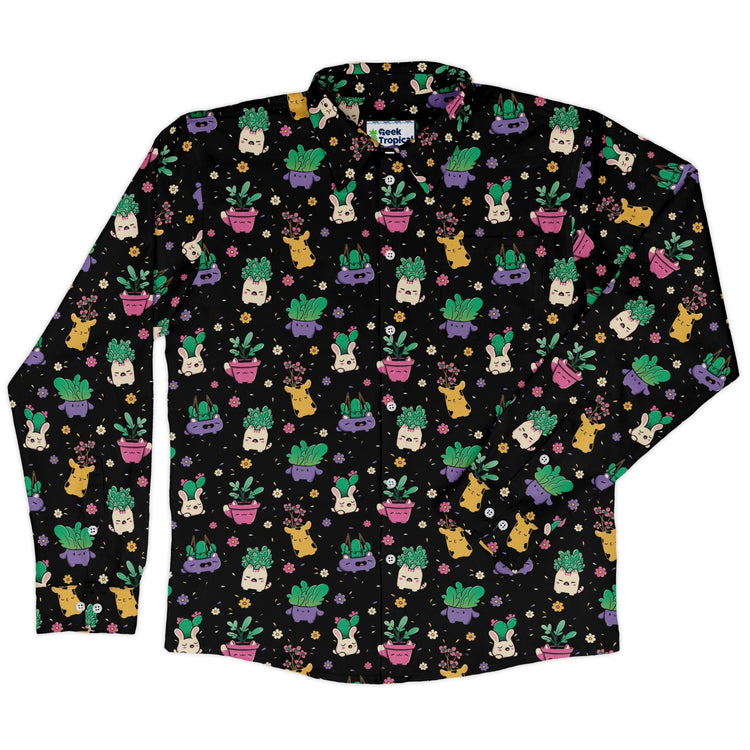 Happy Kawaii Plants Long Sleeve Button Up Shirt Geek Nerd 0925 adult sizing All Adult Button Up Shirts