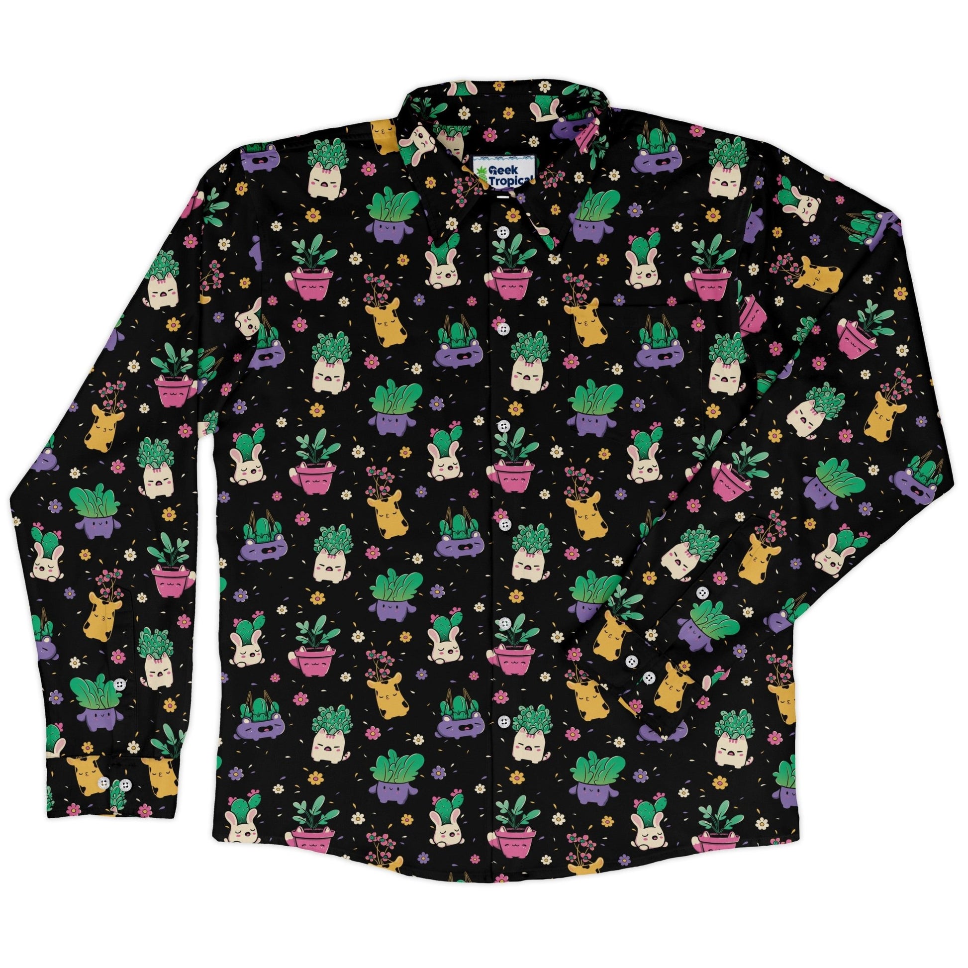 Happy Kawaii Plants Long Sleeve Button Up Shirt Geek Nerd 0925 adult sizing All Adult Button Up Shirts