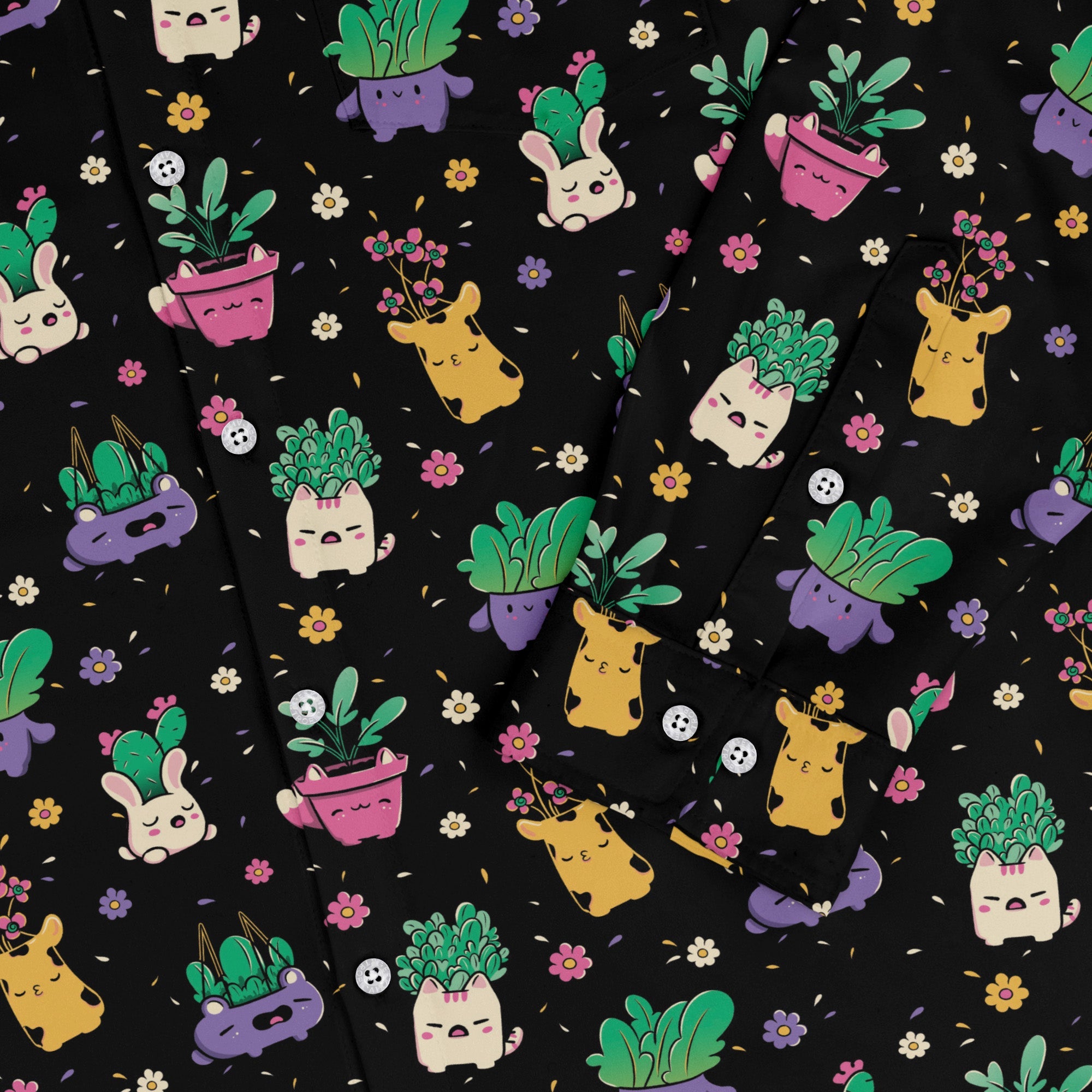 Happy Kawaii Plants Long Sleeve Button Up Shirt Geek Nerd 0925 adult sizing All Adult Button Up Shirts