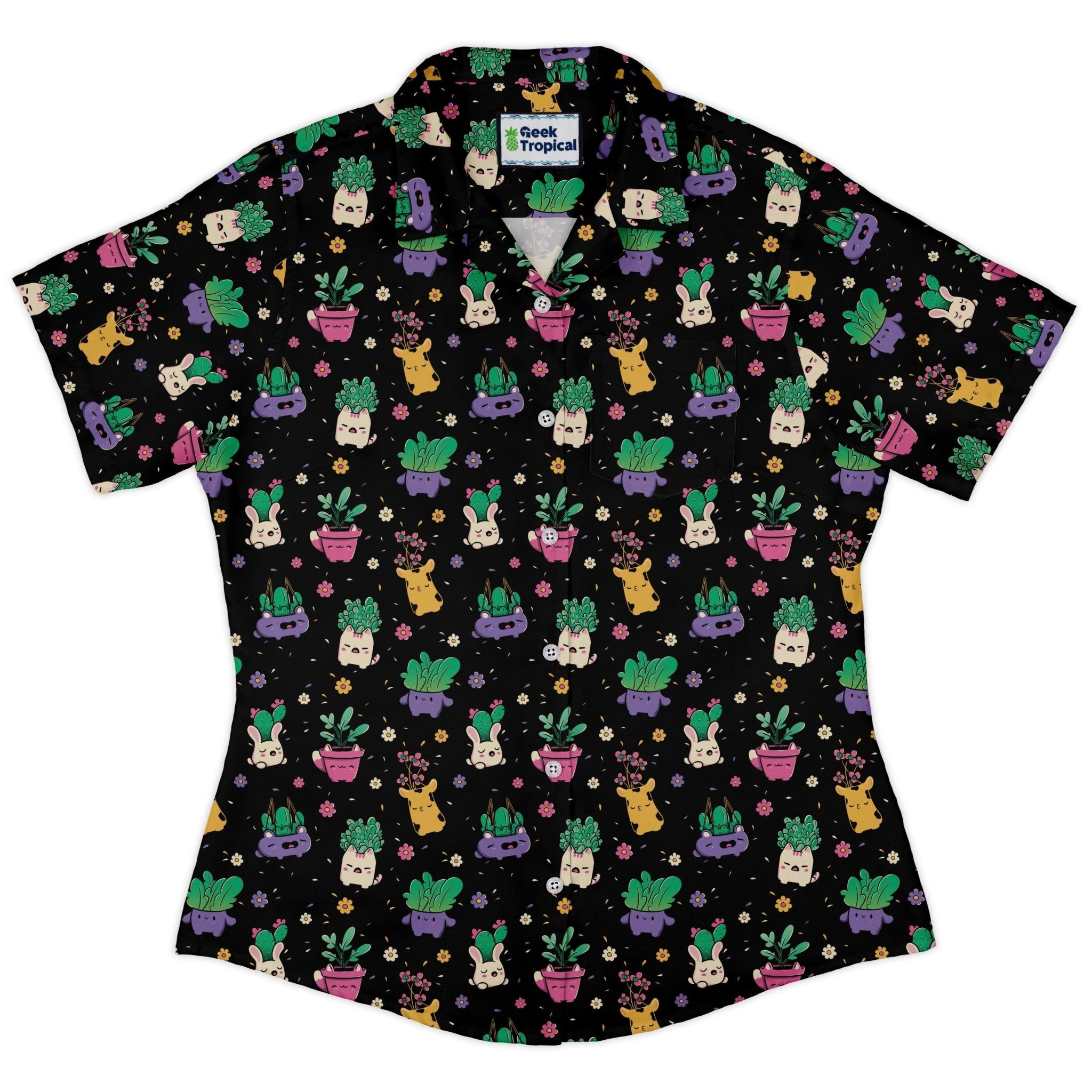 Happy Kawaii Plants Curvy Button Up Shirt Geek Nerd 0925 All Adult Button Up Shirts Anime
