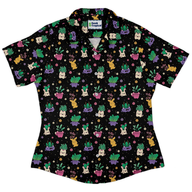 Happy Kawaii Plants Curvy Button Up Shirt Geek Nerd 0925 All Adult Button Up Shirts Anime