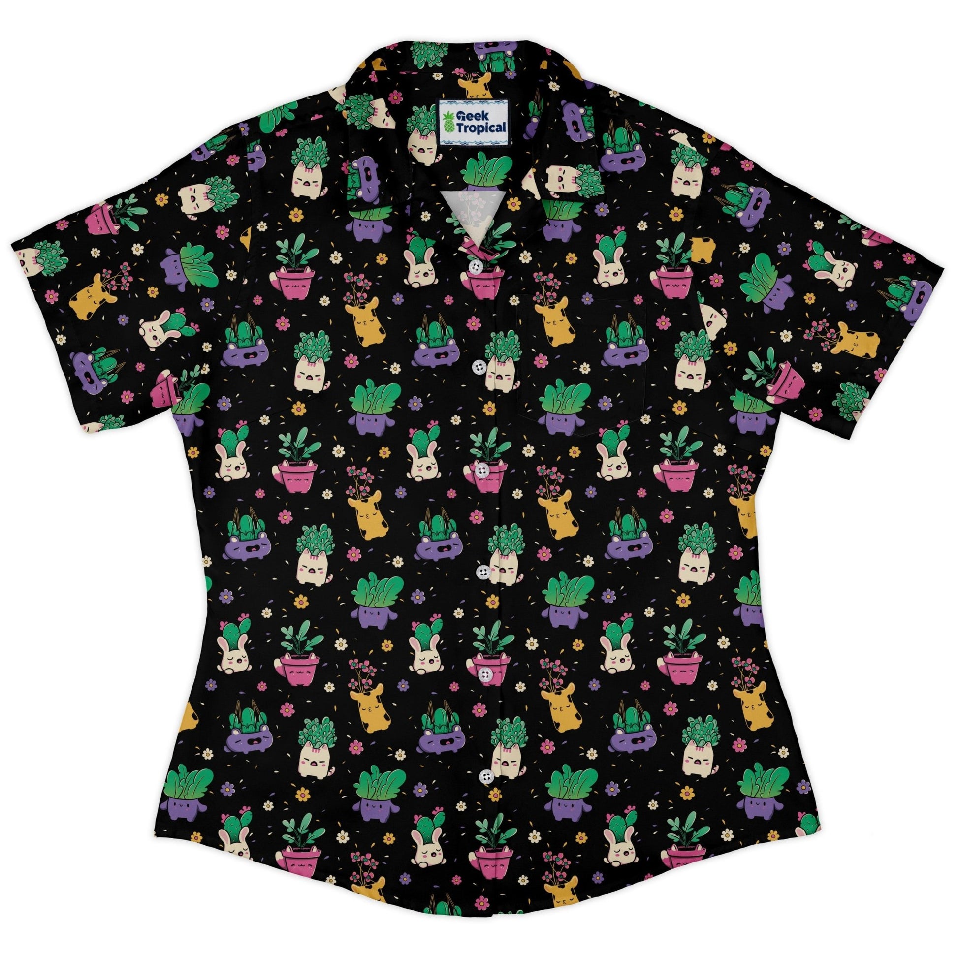 Happy Kawaii Plants Curvy Button Up Shirt Geek Nerd 0925 All Adult Button Up Shirts Anime
