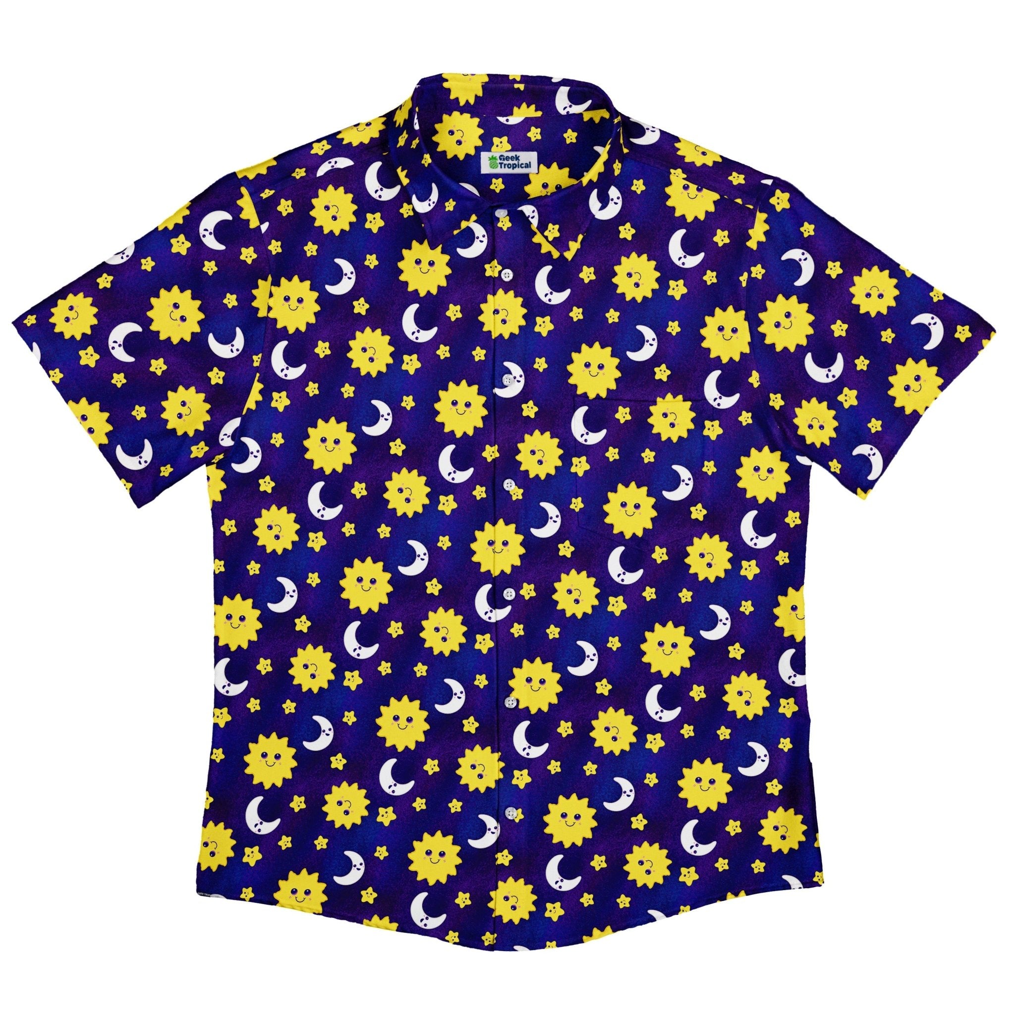 Happy Sun Moon Button Up Shirt - adult sizing - Design by Carla Morrow - outer space & astronaut print