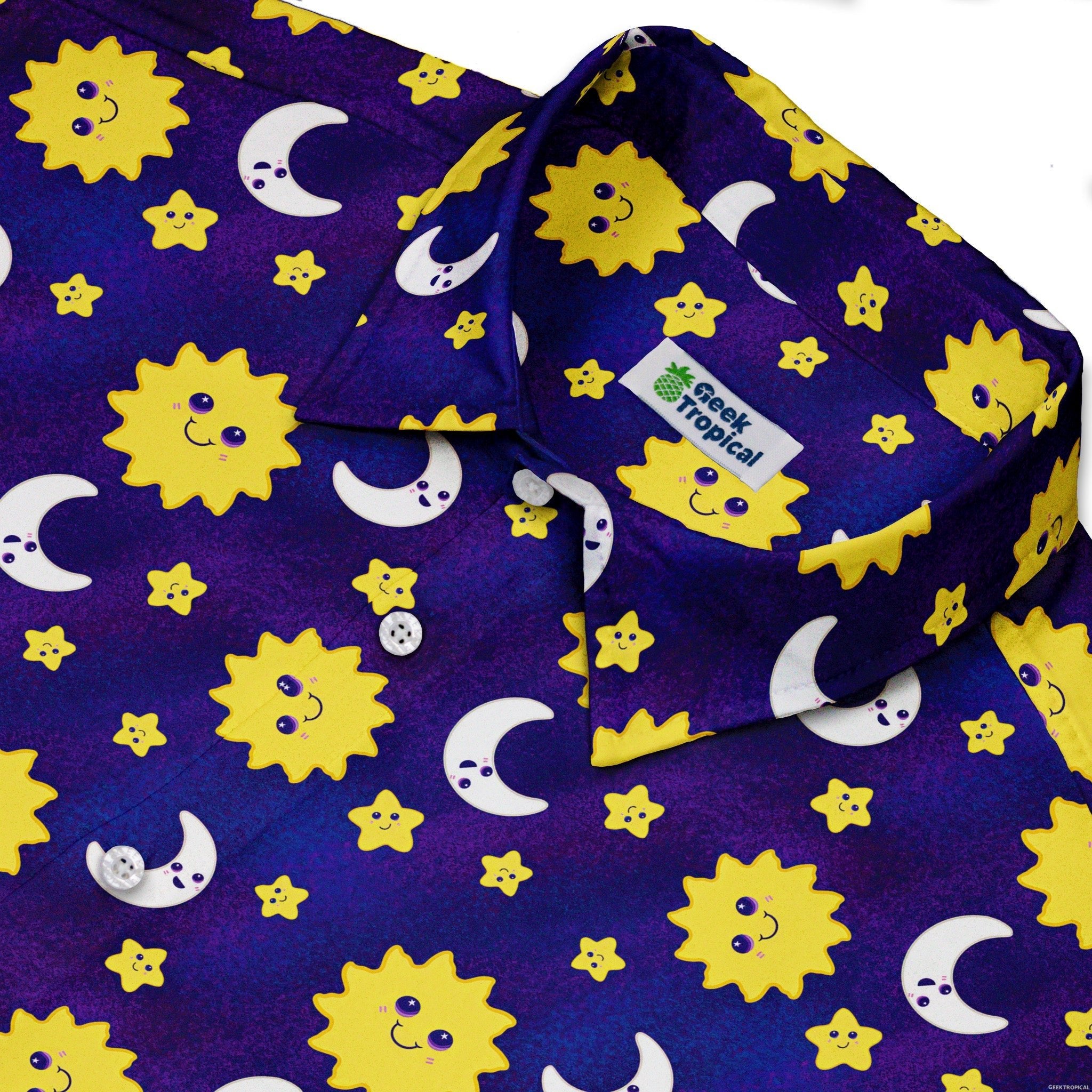 Happy Sun Moon Button Up Shirt - adult sizing - Design by Carla Morrow - outer space & astronaut print
