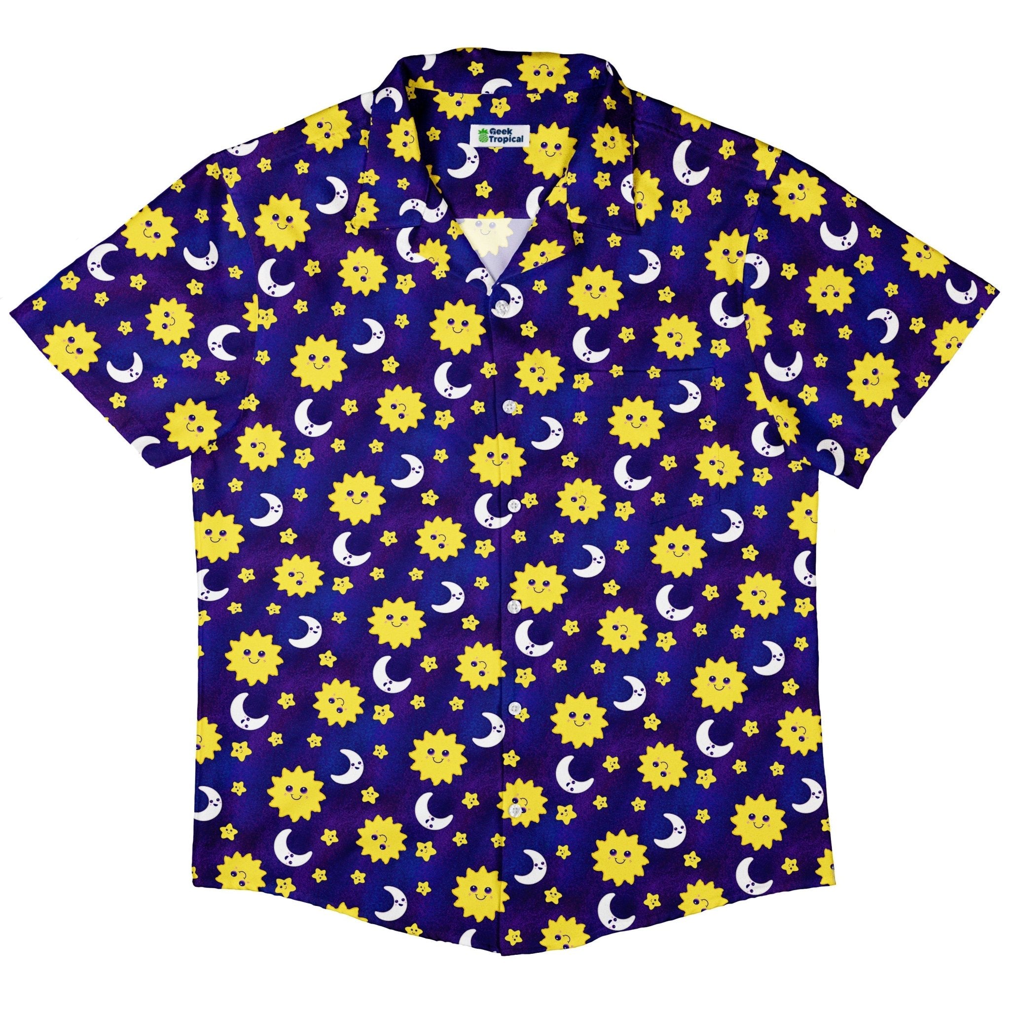 Happy Sun Moon Button Up Shirt - adult sizing - Design by Carla Morrow - outer space & astronaut print