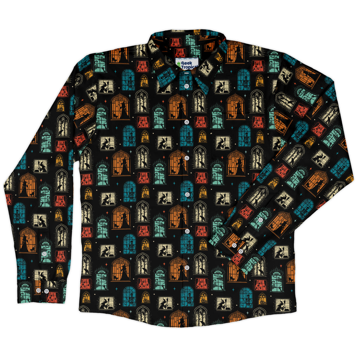 Haunted Manor Window Long Sleeve Button Up Shirt front