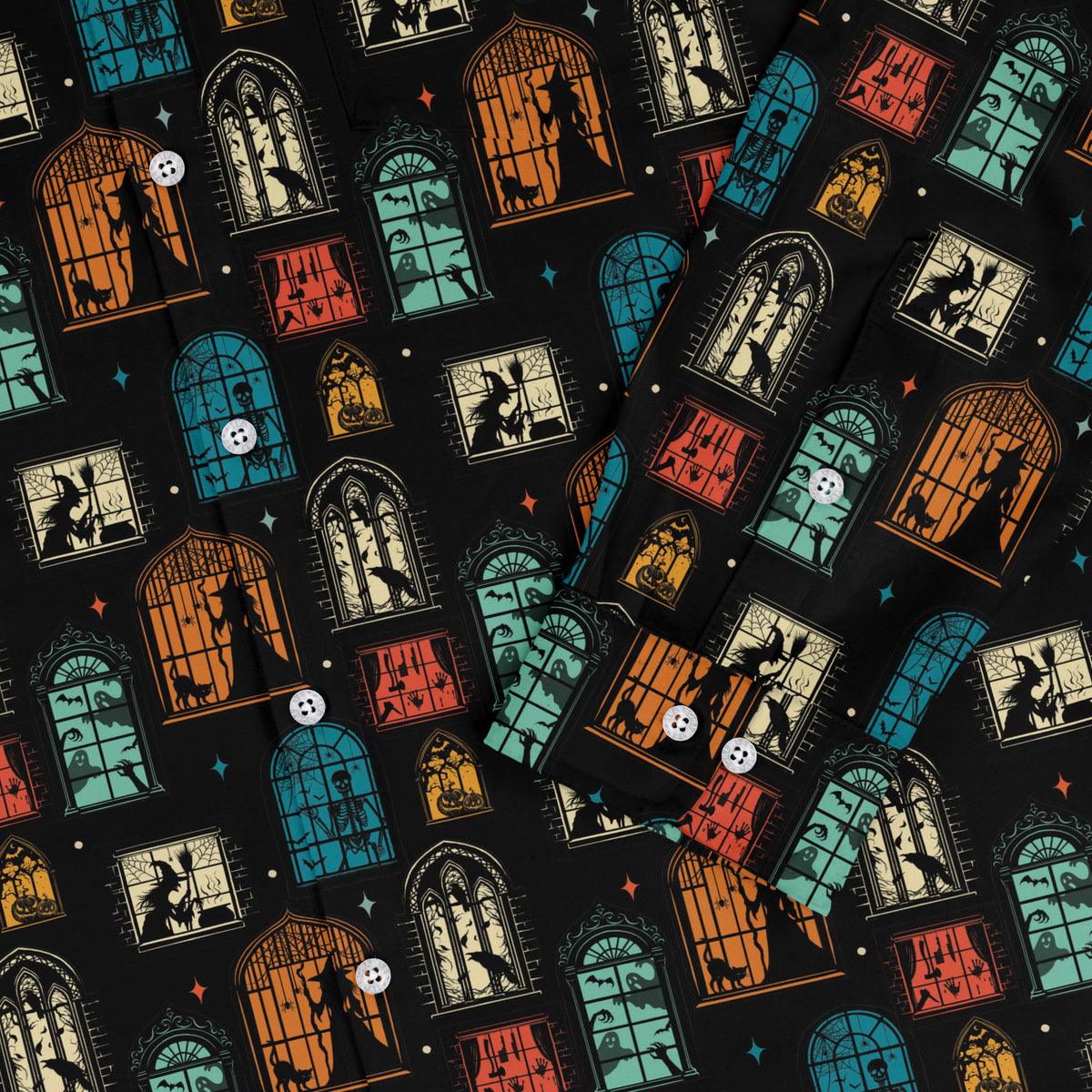 Haunted Manor Window Long Sleeve Button Up Shirt sleeve close
