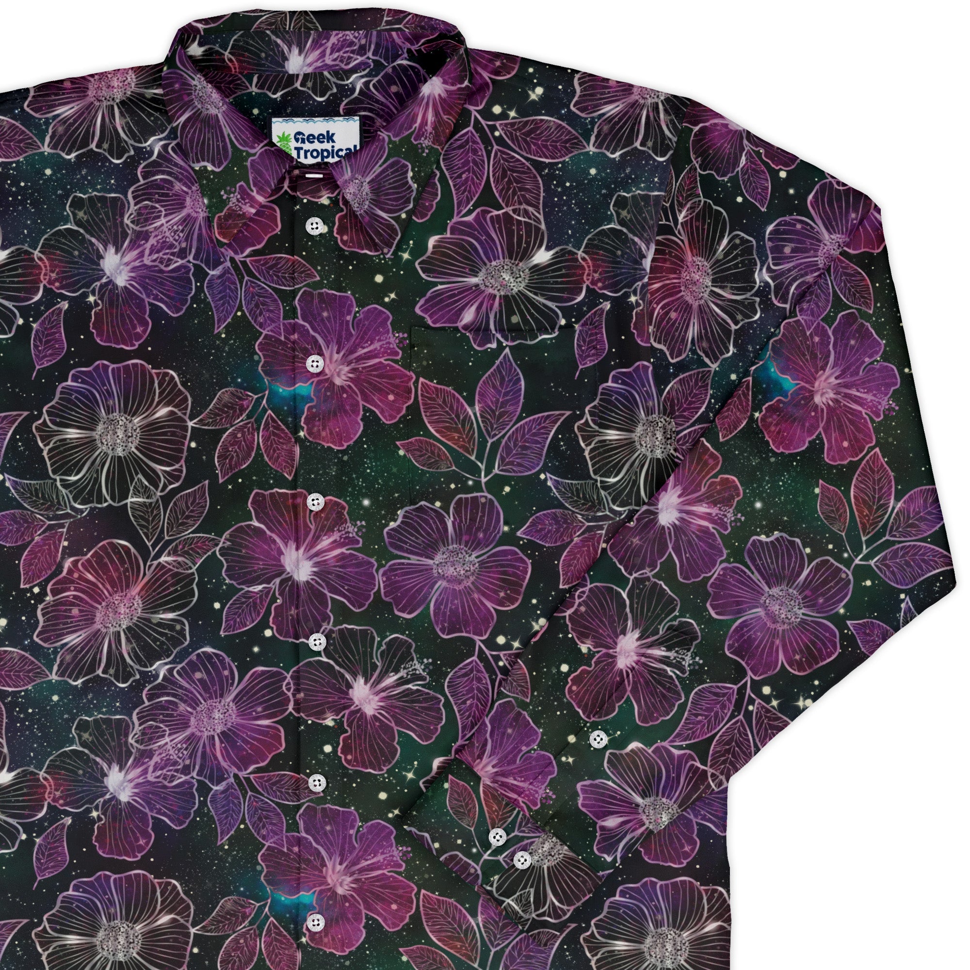 Hawaiian Blooms Space Long Sleeve Button Up Shirt Geek Nerd adult sizing Botany Print Designs by Nathan