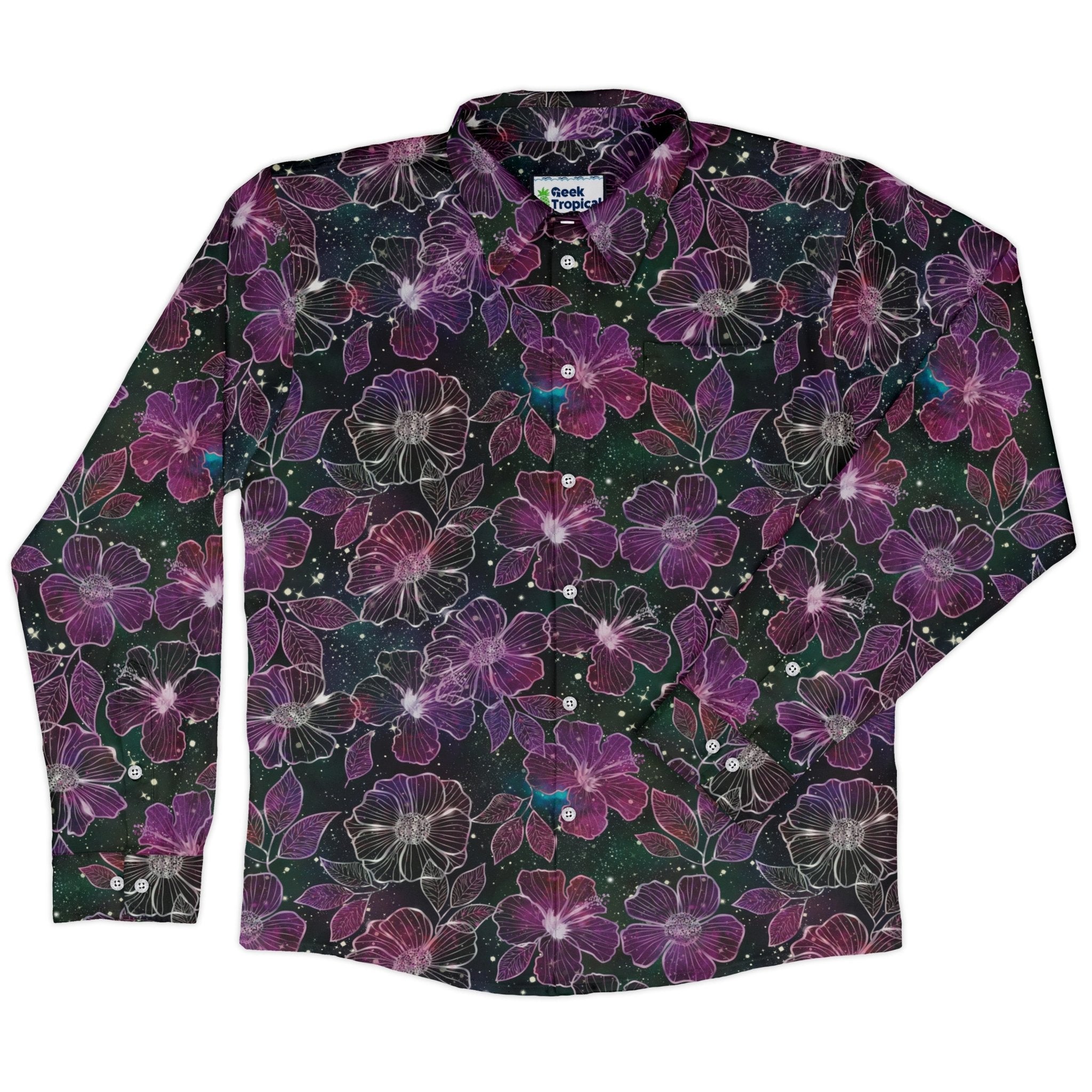 Hawaiian Blooms Space Long Sleeve Button Up Shirt Geek Nerd adult sizing Botany Print Designs by Nathan