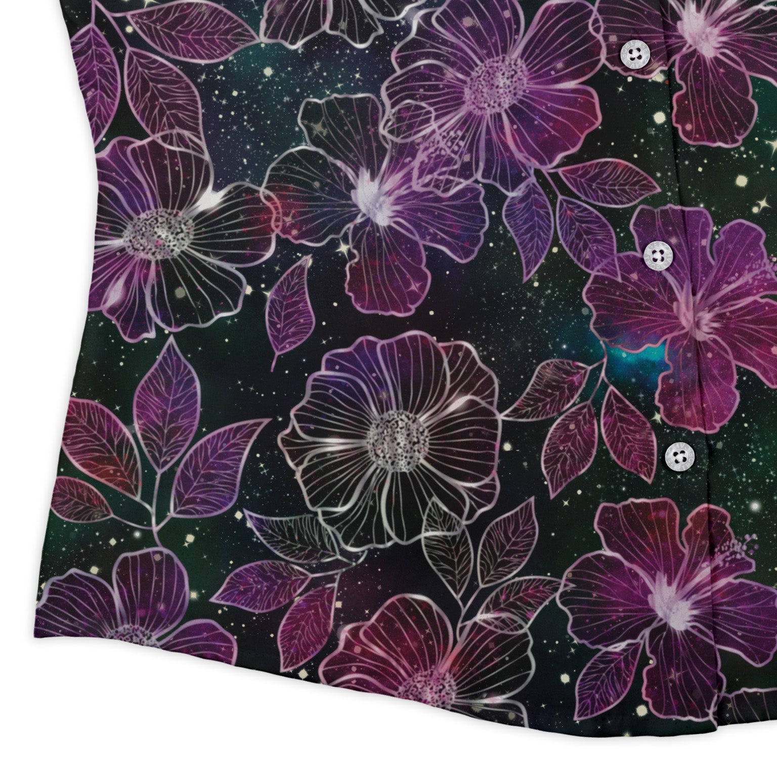 Hawaiian Blooms Space Curvy Button Up Shirt Geek Nerd Botany Print Designs by Nathan Q3