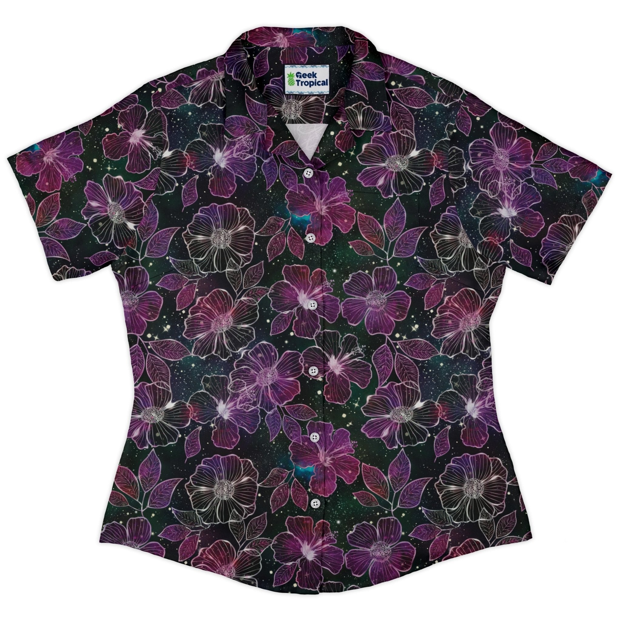 Hawaiian Blooms Space Curvy Button Up Shirt Geek Nerd Botany Print Designs by Nathan Q3