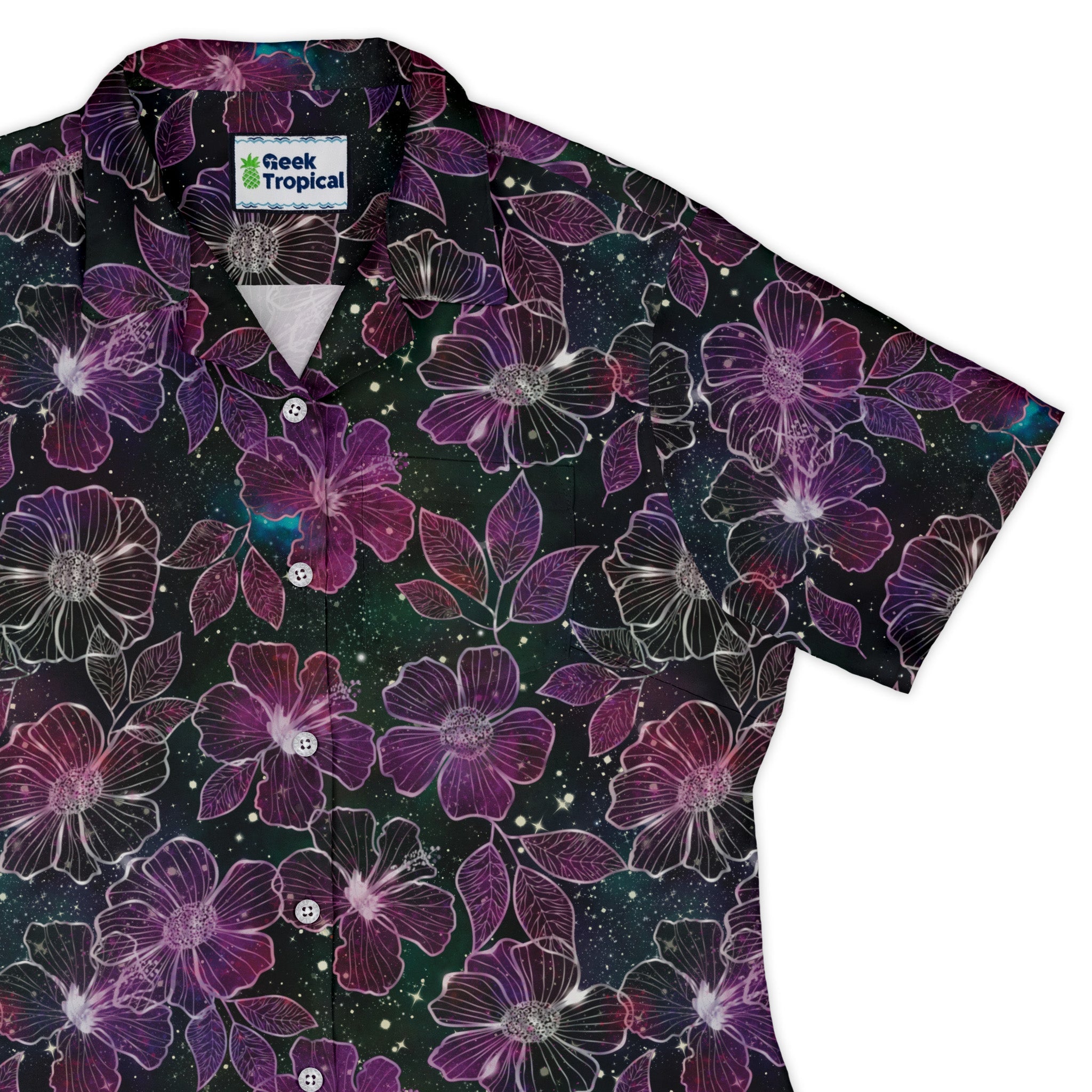 Hawaiian Blooms Space Curvy Button Up Shirt Geek Nerd Botany Print Designs by Nathan Q3