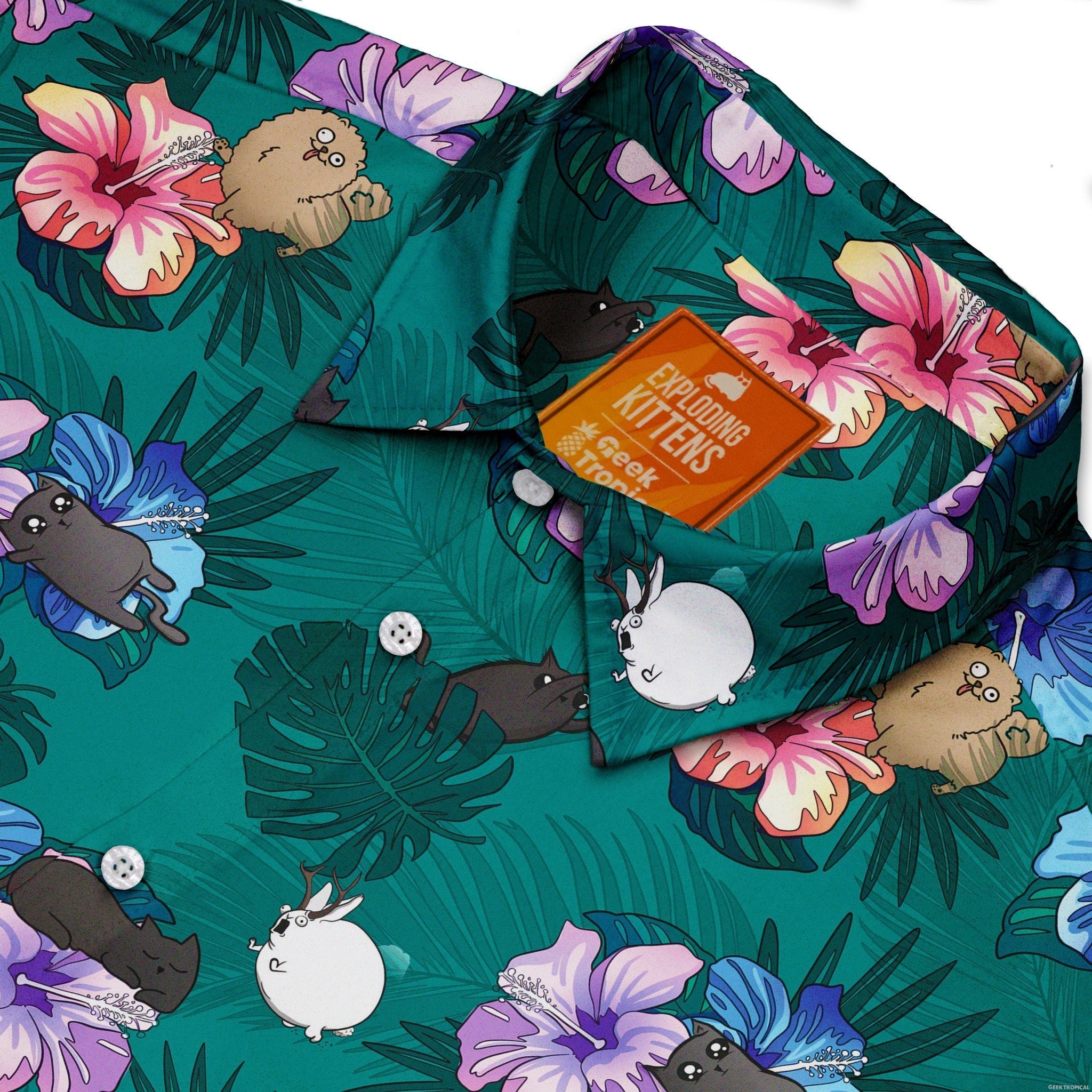 Hawaiian Exploding Kittens Button Up Shirt - adult sizing - Animal Patterns - board game print