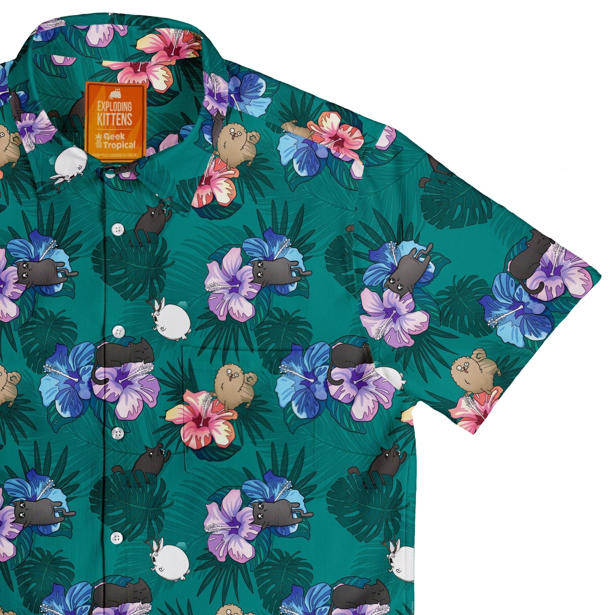 Hawaiian Exploding Kittens Button Up Shirt - adult sizing - Animal Patterns - board game print