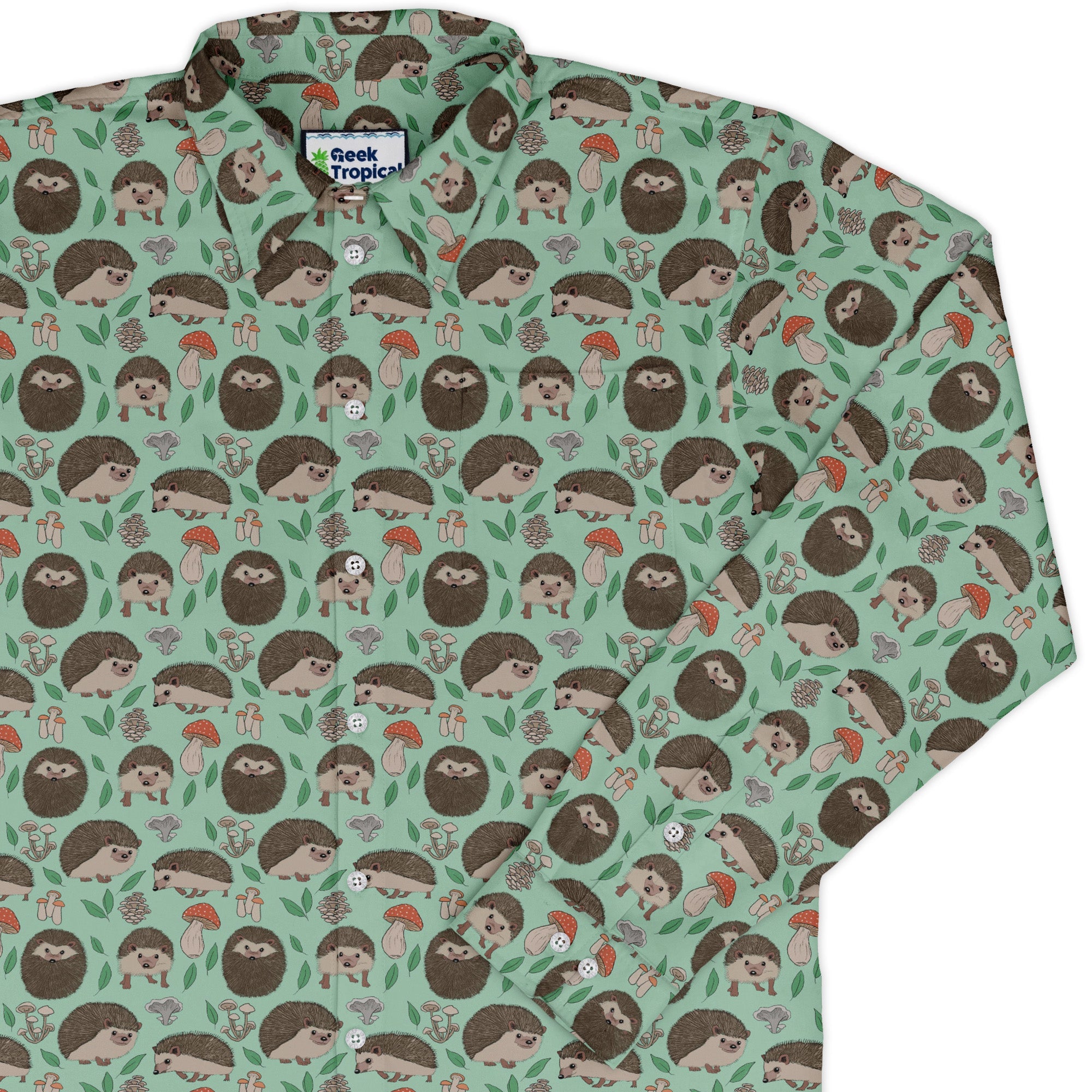Hedge Hog Garden Adventures Long Sleeve Button Up Shirt Geek Nerd adult sizing animal patterns botany print