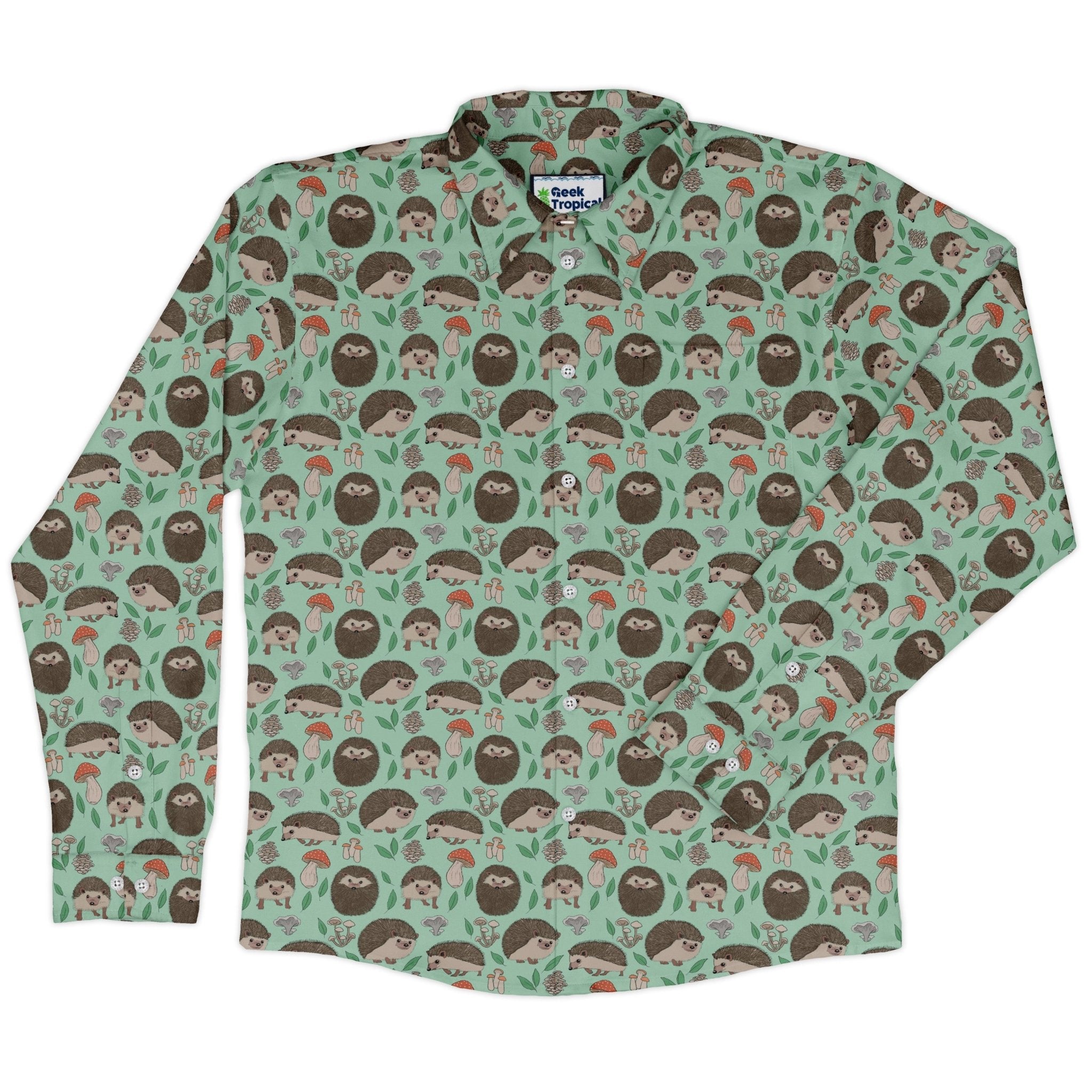 Hedge Hog Garden Adventures Long Sleeve Button Up Shirt Geek Nerd adult sizing animal patterns botany print