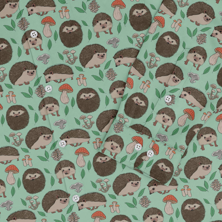 Hedge Hog Garden Adventures Long Sleeve Button Up Shirt Geek Nerd adult sizing animal patterns botany print