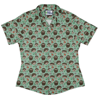 Hedge Hog Garden Adventures Curvy Button Up Shirt Geek Nerd animal patterns botany print Design by Julie Kitzes