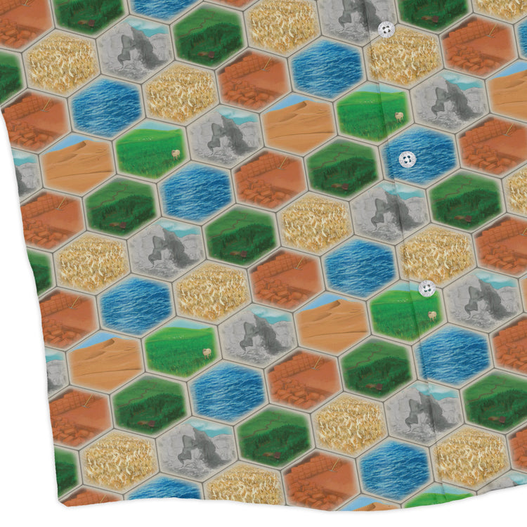 Hexagon Tile Board Game Long Sleeve Button Up Shirt Geek Nerd adult sizing board game print Designs by Nathan
