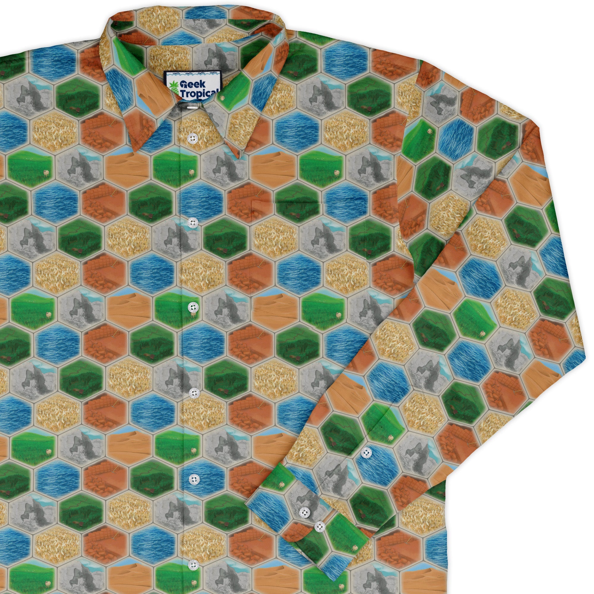 Hexagon Tile Board Game Long Sleeve Button Up Shirt Geek Nerd adult sizing board game print Designs by Nathan