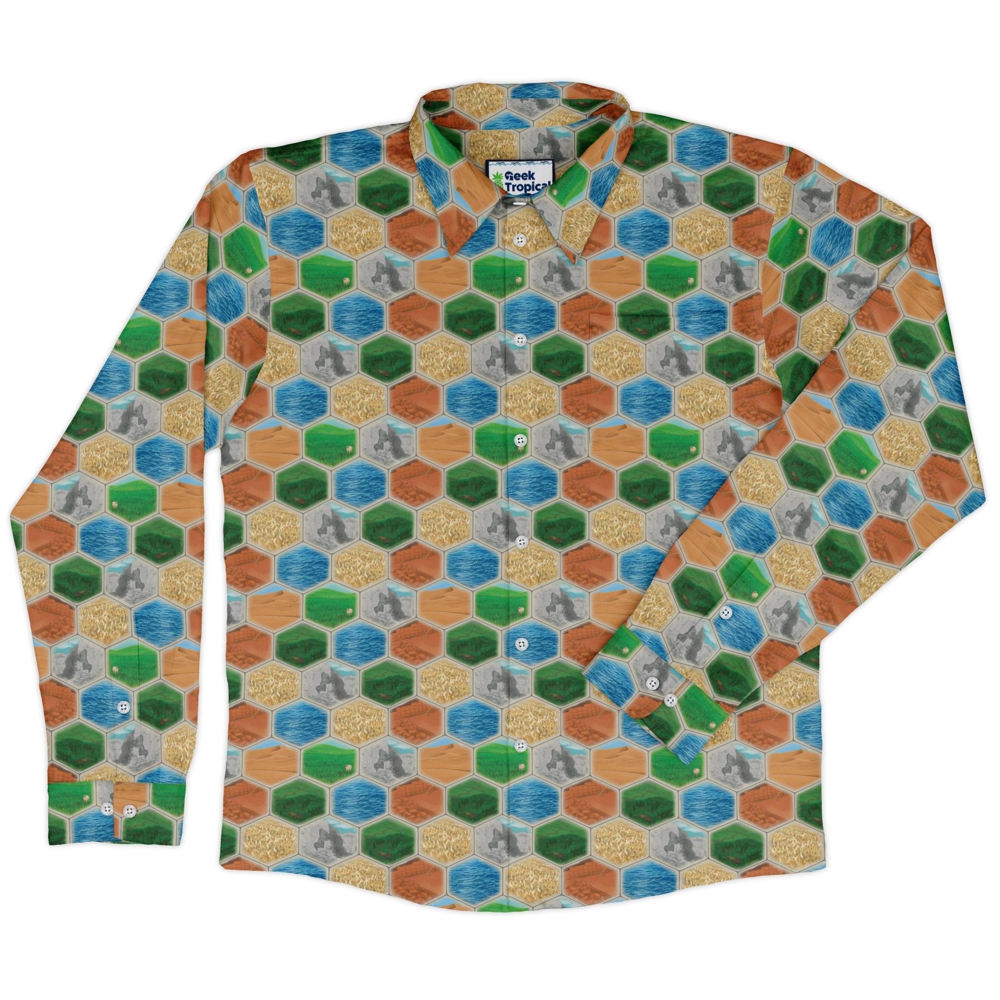 Hexagon Tile Board Game Long Sleeve Button Up Shirt Geek Nerd adult sizing board game print Designs by Nathan