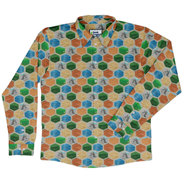 Hexagon Tile Board Game Long Sleeve Button Up Shirt Geek Nerd adult sizing board game print Designs by Nathan