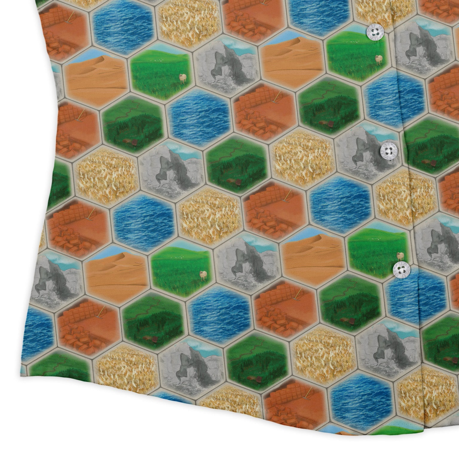 Hexagon Tile Board Game Curvy Button Up Shirt Geek Nerd board game print Designs by Nathan women