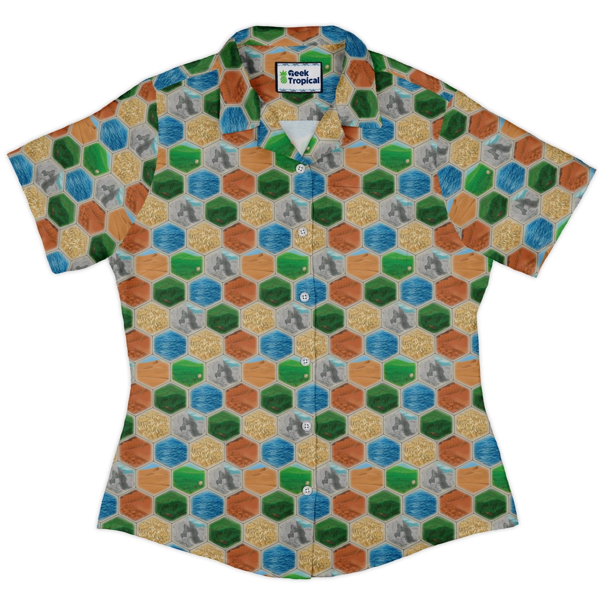 Hexagon Tile Board Game Curvy Button Up Shirt Geek Nerd board game print Designs by Nathan women