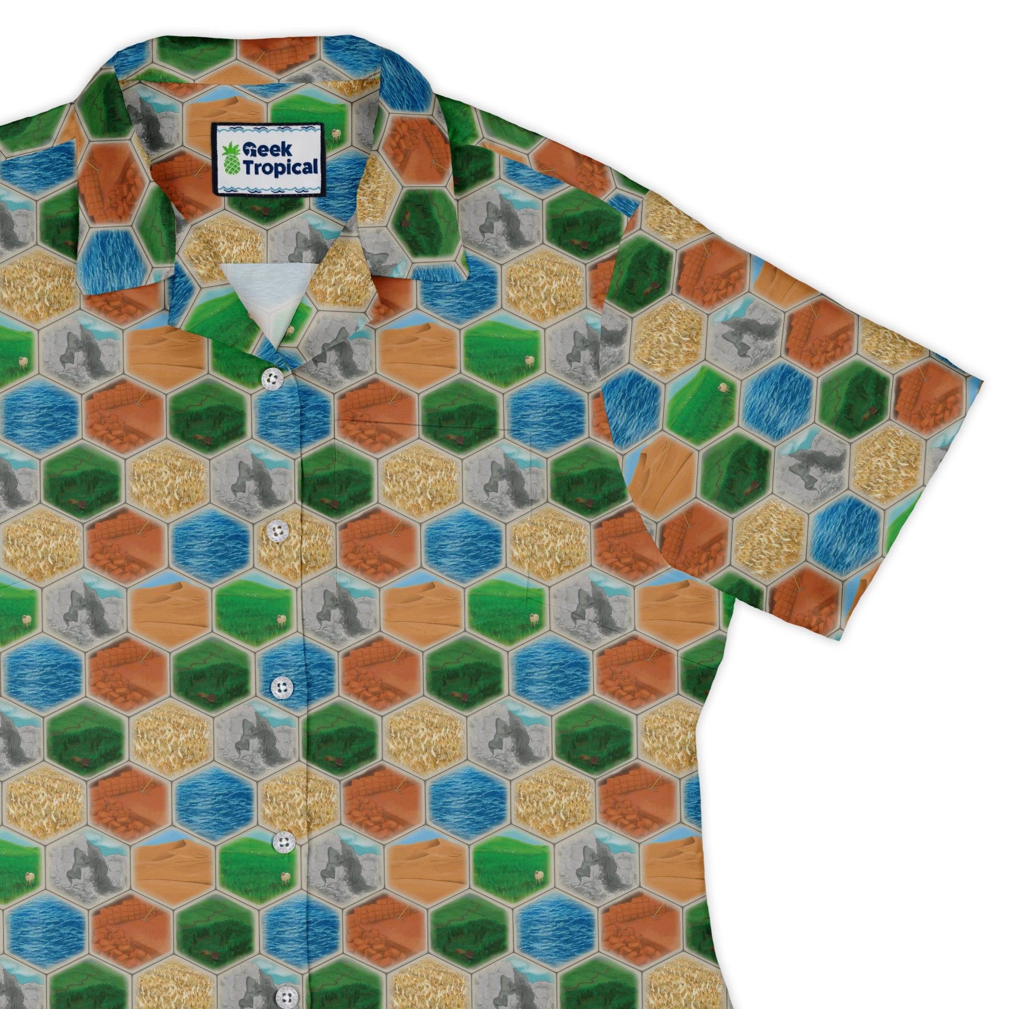 Hexagon Tile Board Game Curvy Button Up Shirt Geek Nerd board game print Designs by Nathan women