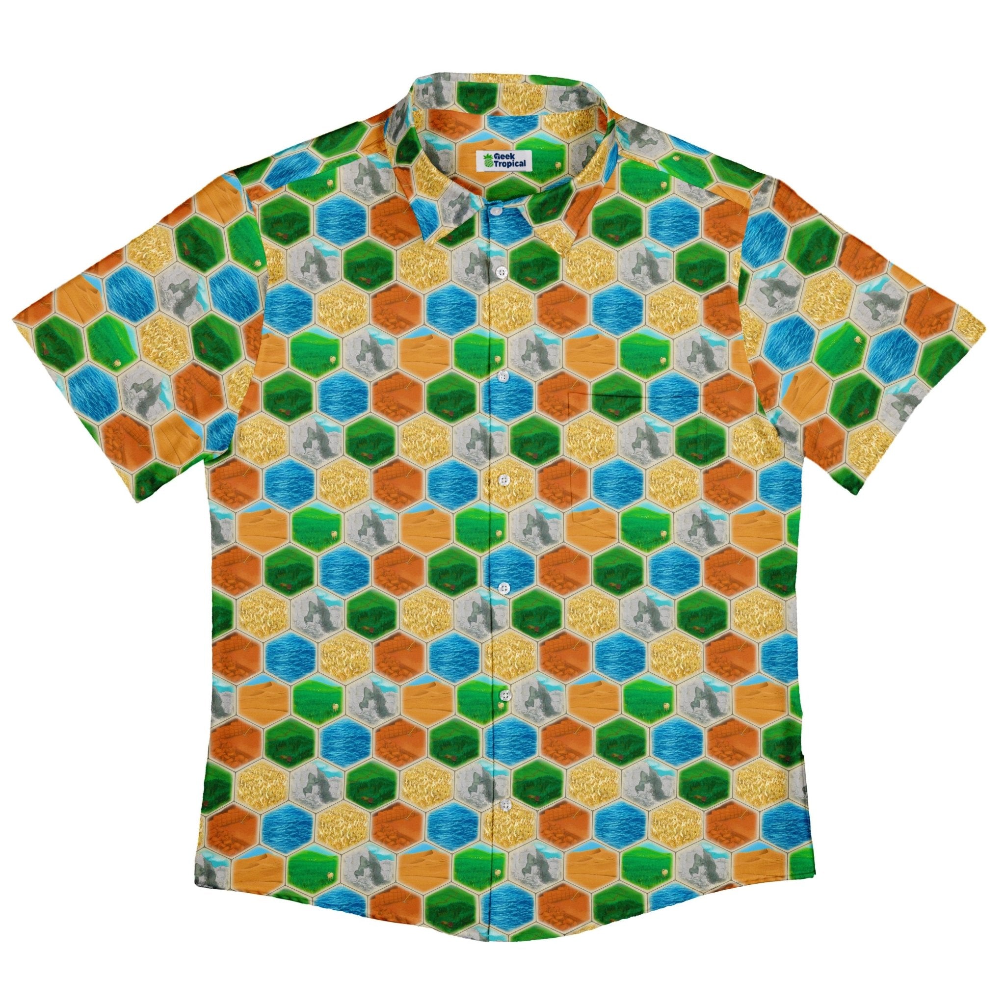 Hexagon Tile Board Game Button Up Shirt - adult sizing - board game print - Designs by Nathan