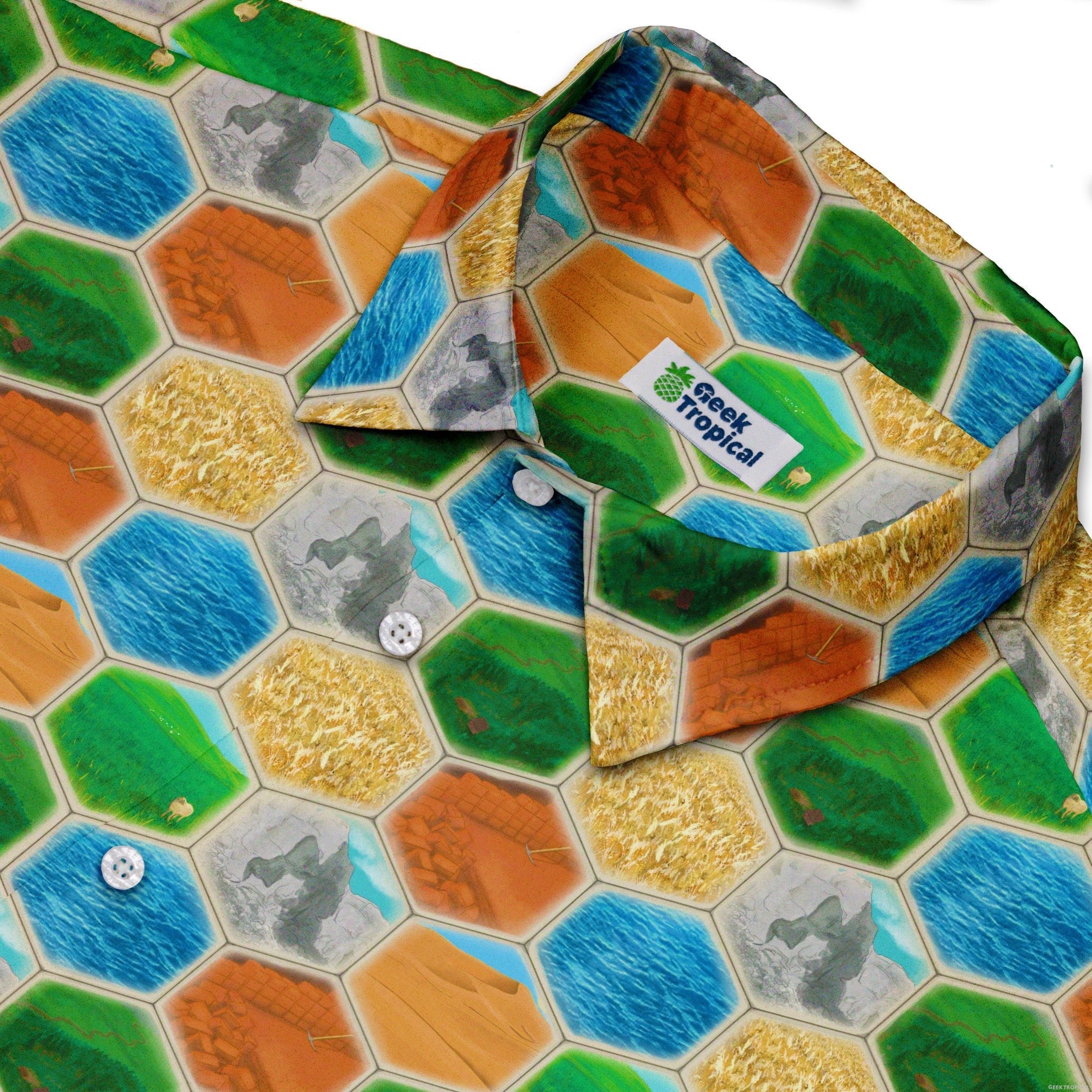 Hexagon Tile Board Game Button Up Shirt - adult sizing - board game print - Designs by Nathan