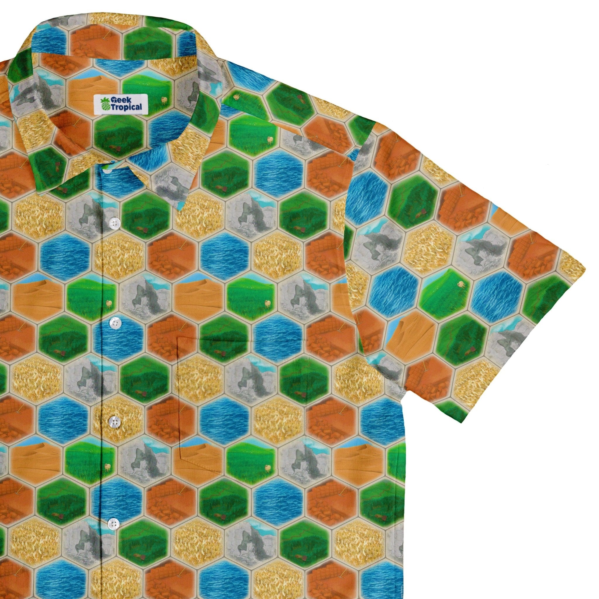 Hexagon Tile Board Game Button Up Shirt - adult sizing - board game print - Designs by Nathan