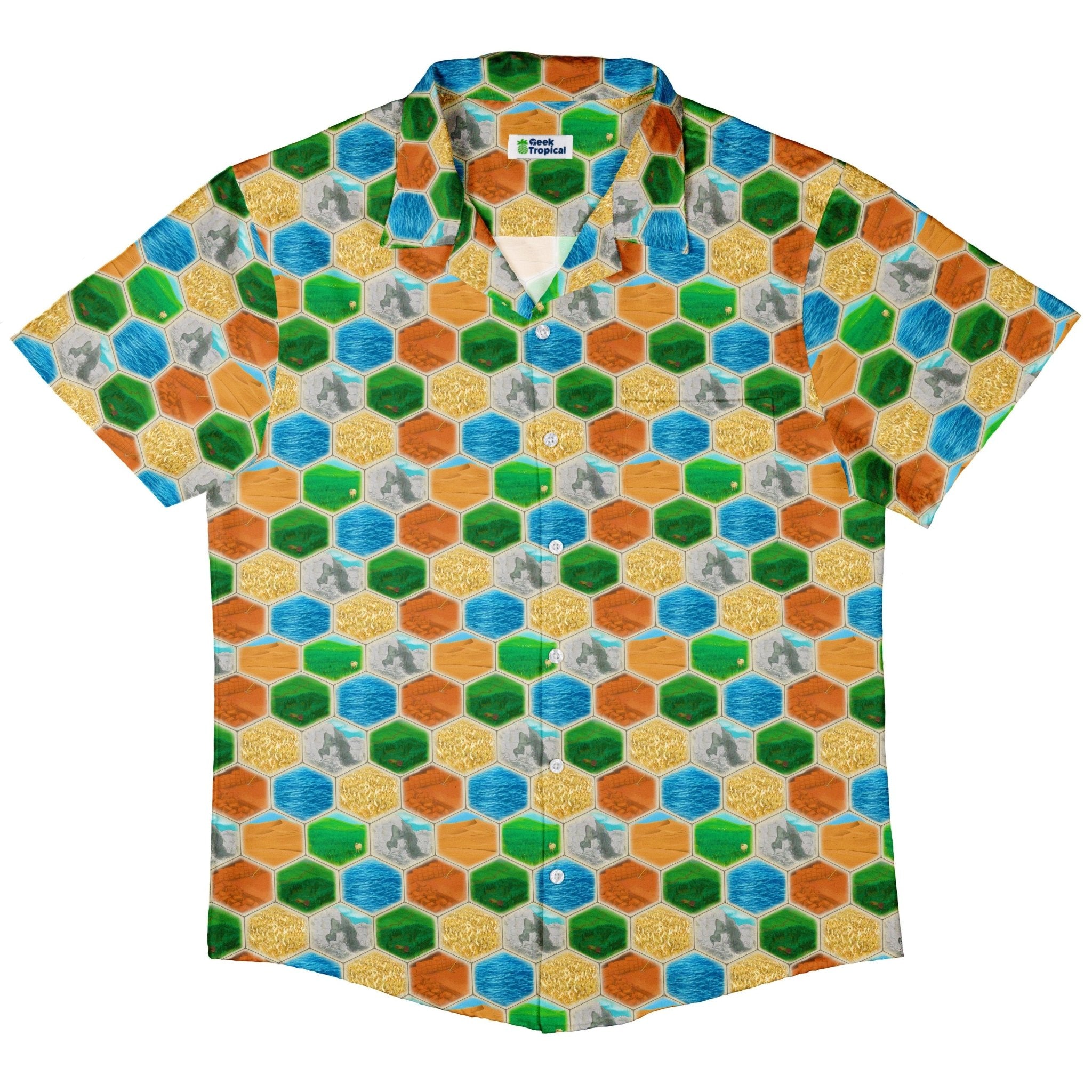 Hexagon Tile Board Game Button Up Shirt - adult sizing - board game print - Designs by Nathan