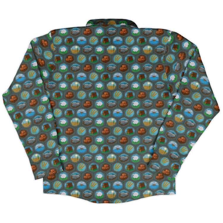 Hexagon Tile Game Symbols Long Sleeve Button Up Shirt Geek Nerd adult sizing board game print Designs by Nathan