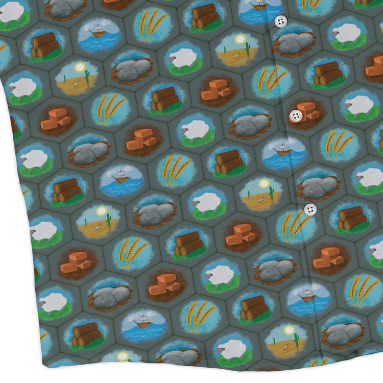 Hexagon Tile Game Symbols Long Sleeve Button Up Shirt Geek Nerd adult sizing board game print Designs by Nathan