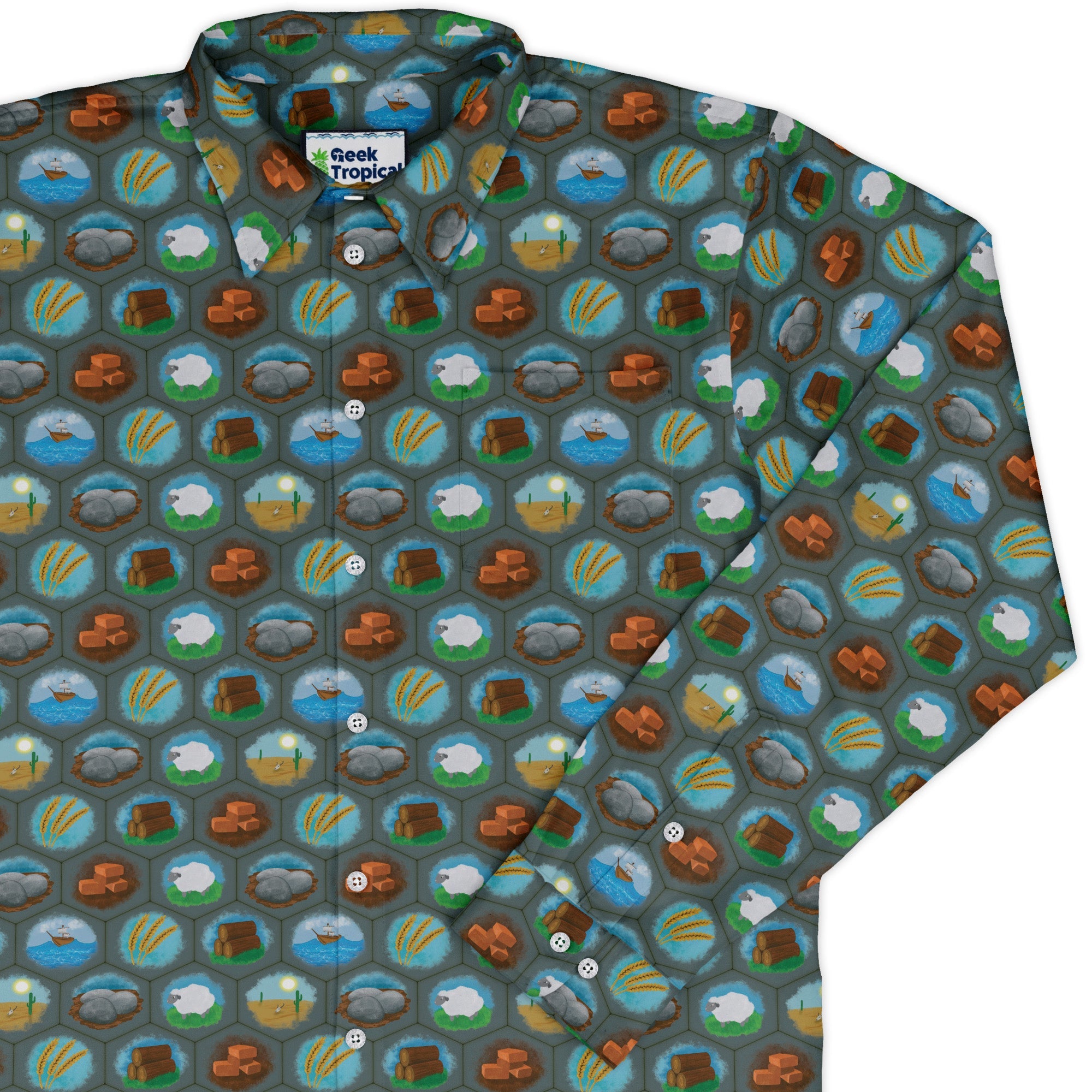 Hexagon Tile Game Symbols Long Sleeve Button Up Shirt Geek Nerd adult sizing board game print Designs by Nathan