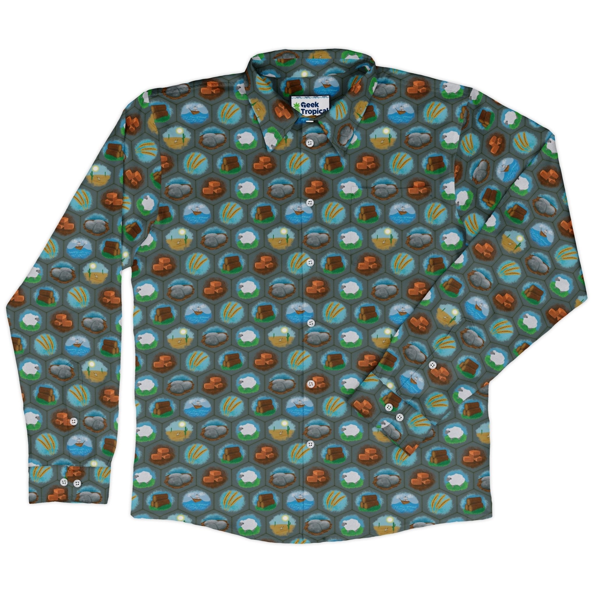 Hexagon Tile Game Symbols Long Sleeve Button Up Shirt Geek Nerd adult sizing board game print Designs by Nathan
