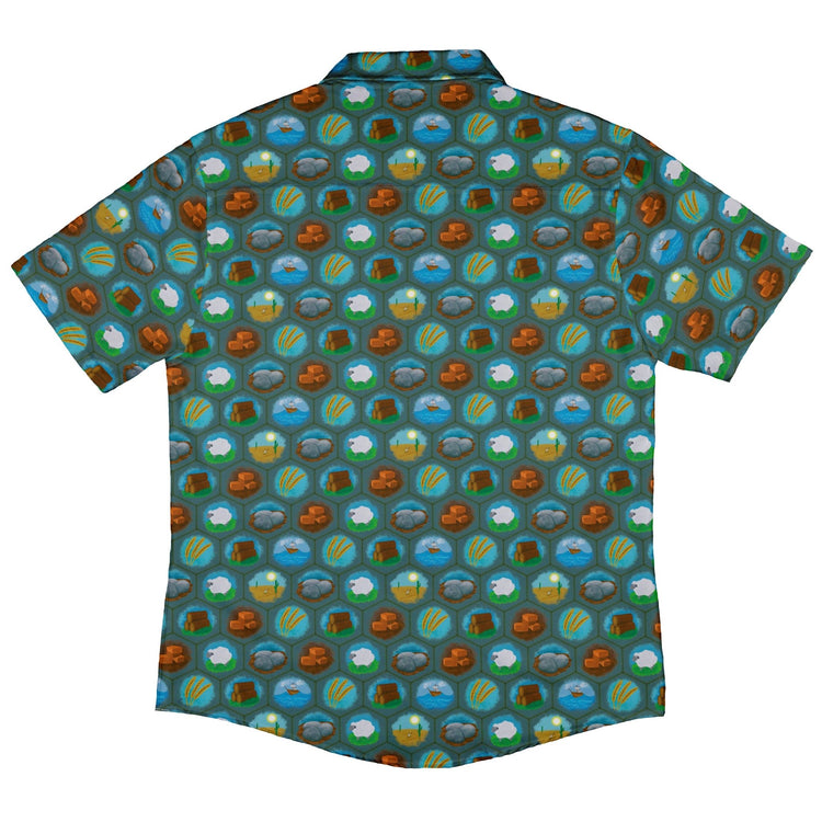 Hexagon Tile Game Symbols Button Up Shirt - adult sizing - board game print - Designs by Nathan