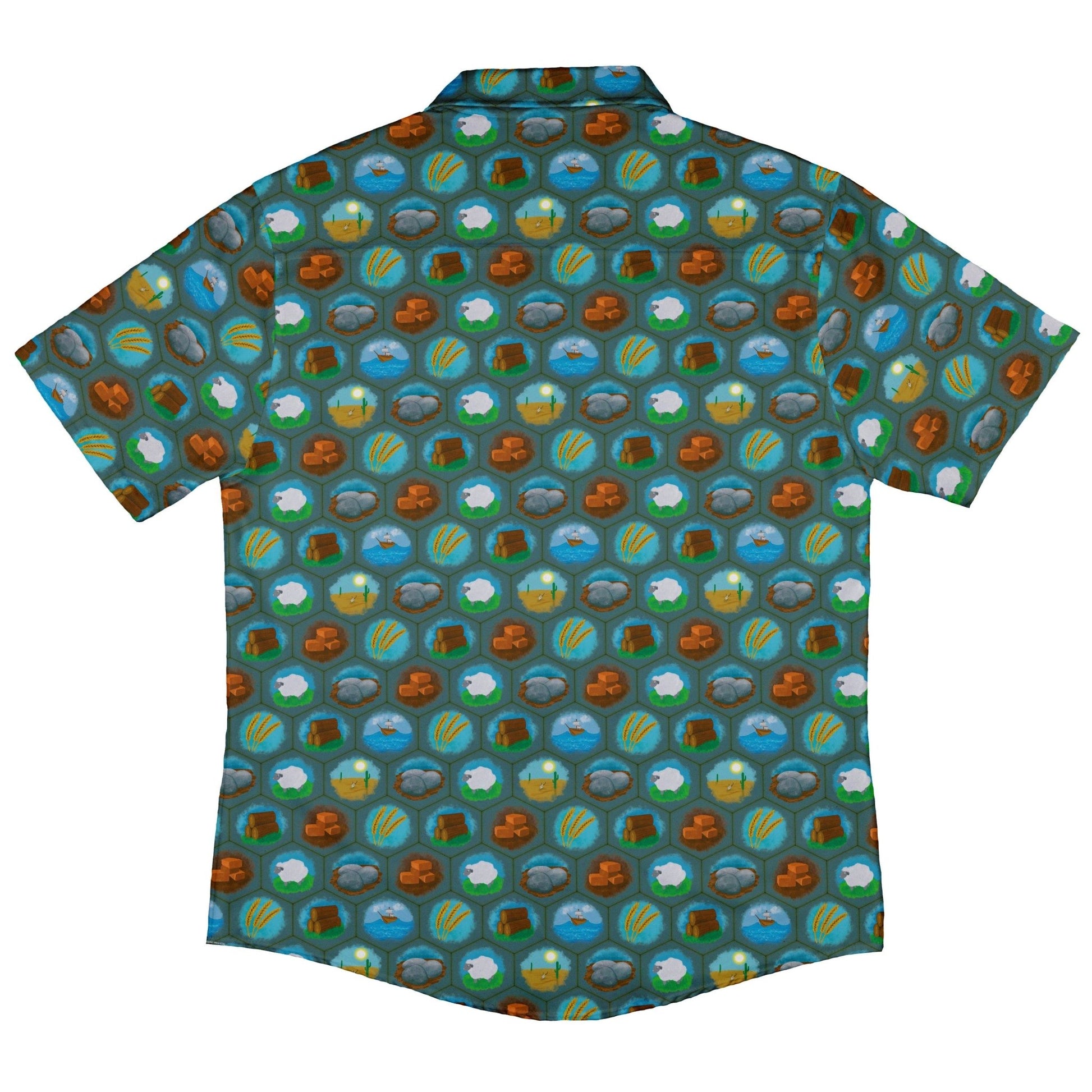 Hexagon Tile Game Symbols Button Up Shirt - adult sizing - board game print - Designs by Nathan