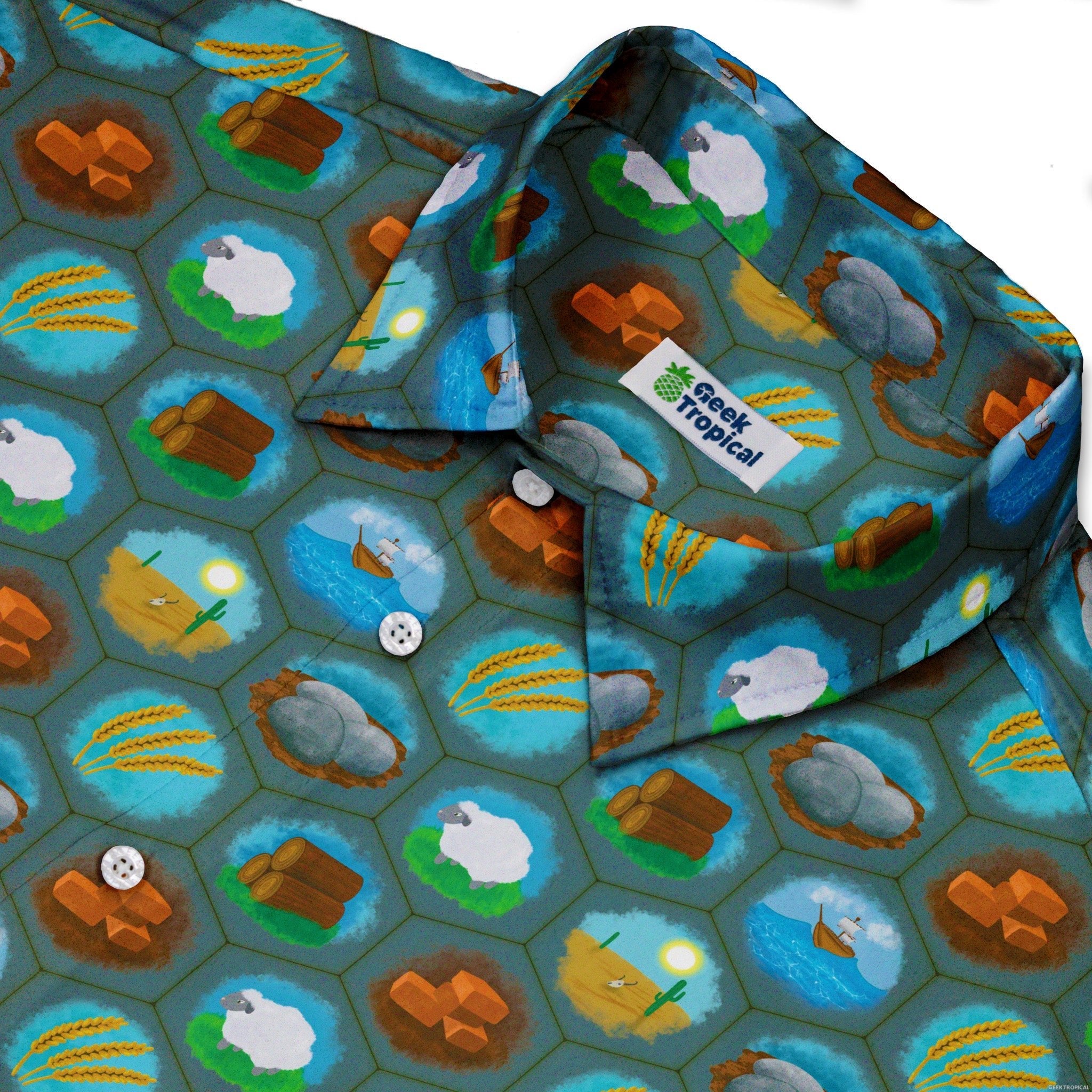 Hexagon Tile Game Symbols Button Up Shirt - adult sizing - board game print - Designs by Nathan