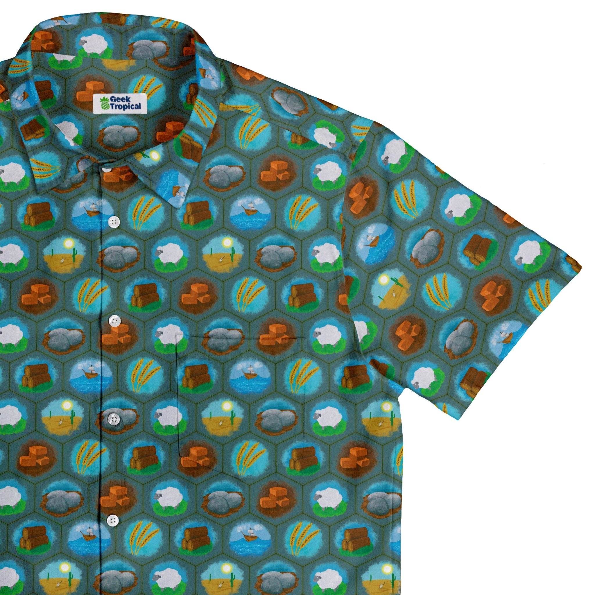 Hexagon Tile Game Symbols Button Up Shirt - adult sizing - board game print - Designs by Nathan