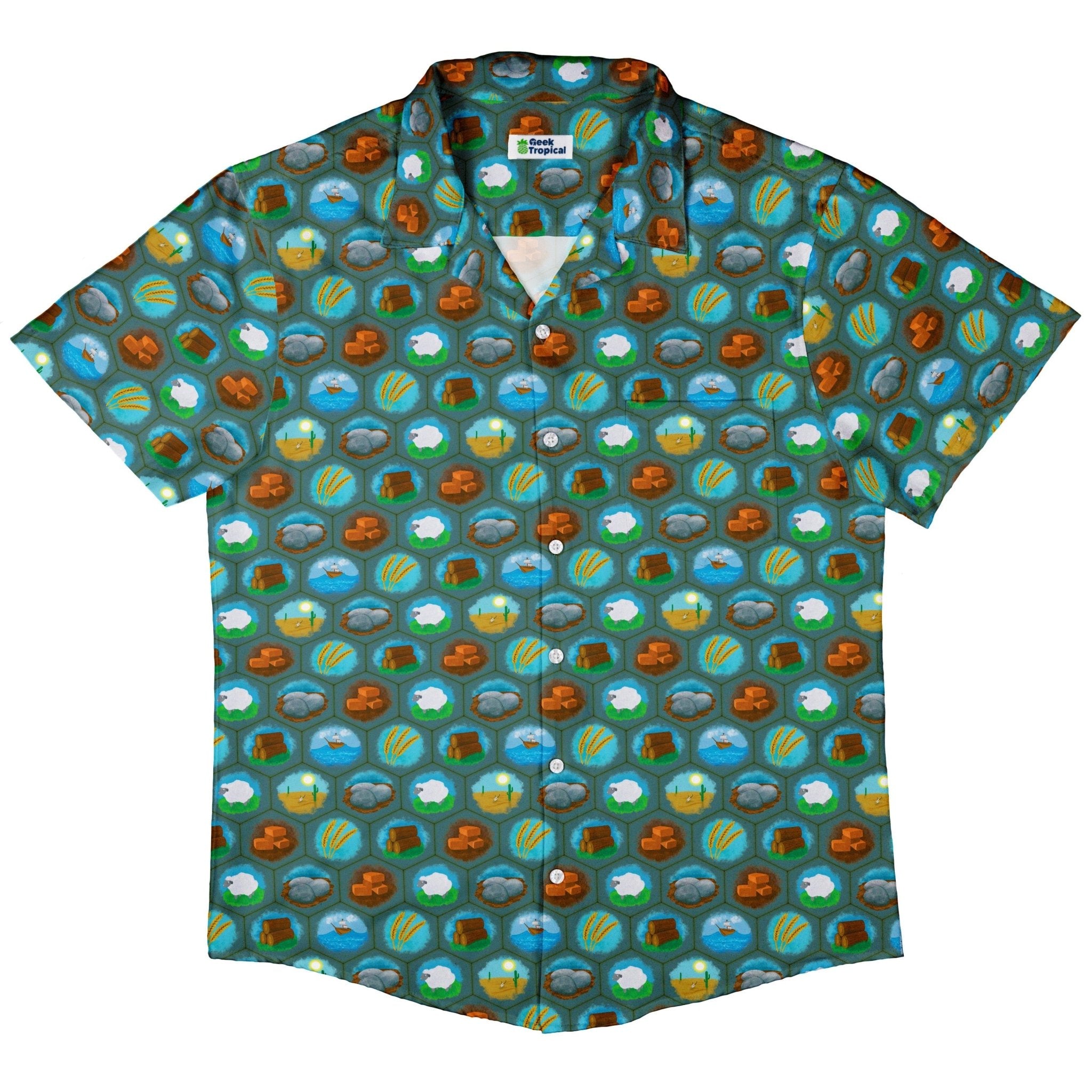 Hexagon Tile Game Symbols Button Up Shirt - adult sizing - board game print - Designs by Nathan