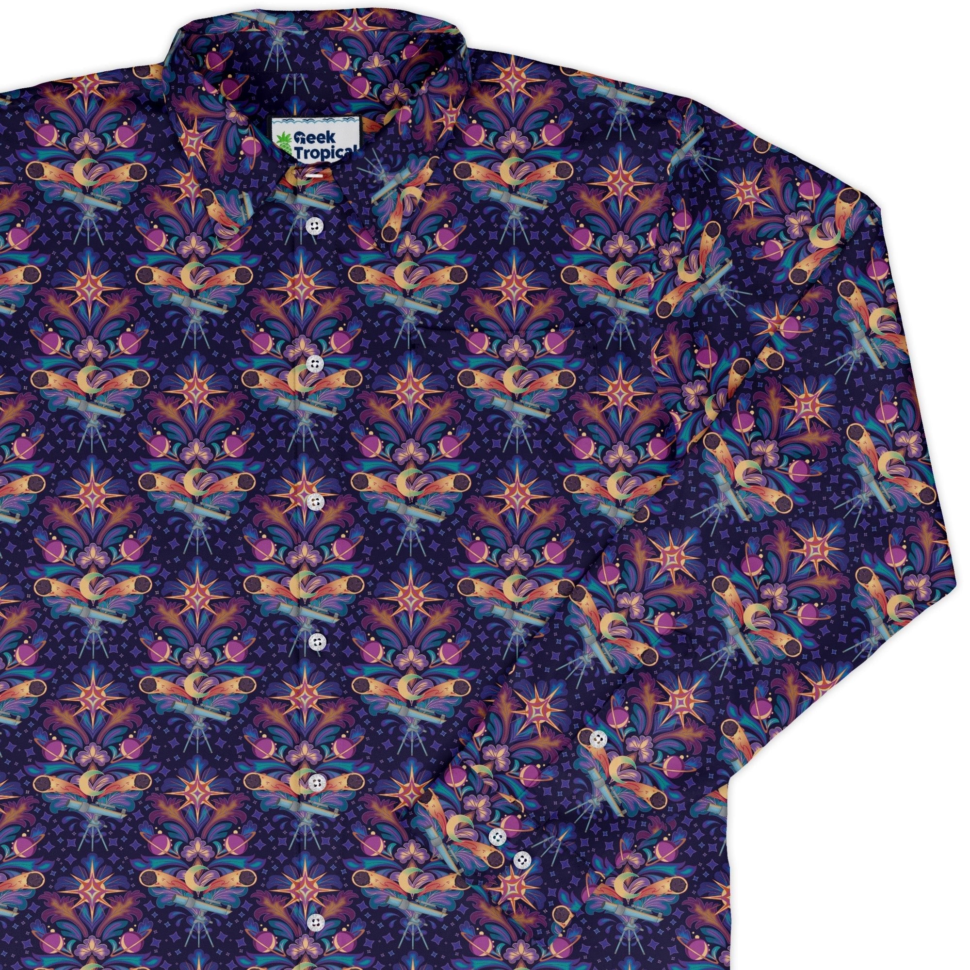 Hidden Astronomy Long Sleeve Button Up Shirt Geek Nerd adult sizing Design by Brigid Ashwood FLOW DESC WRITING