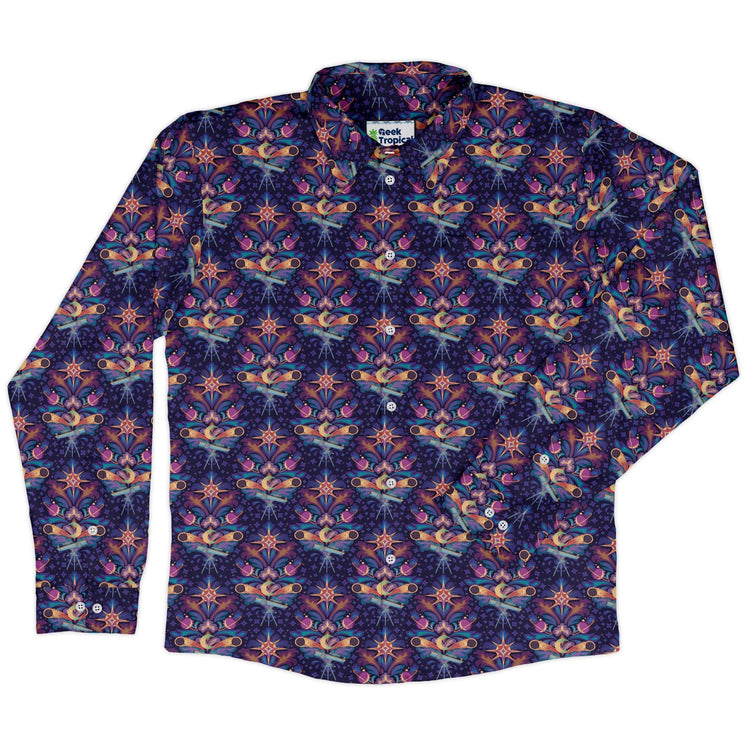 Hidden Astronomy Long Sleeve Button Up Shirt Geek Nerd adult sizing Design by Brigid Ashwood FLOW DESC WRITING